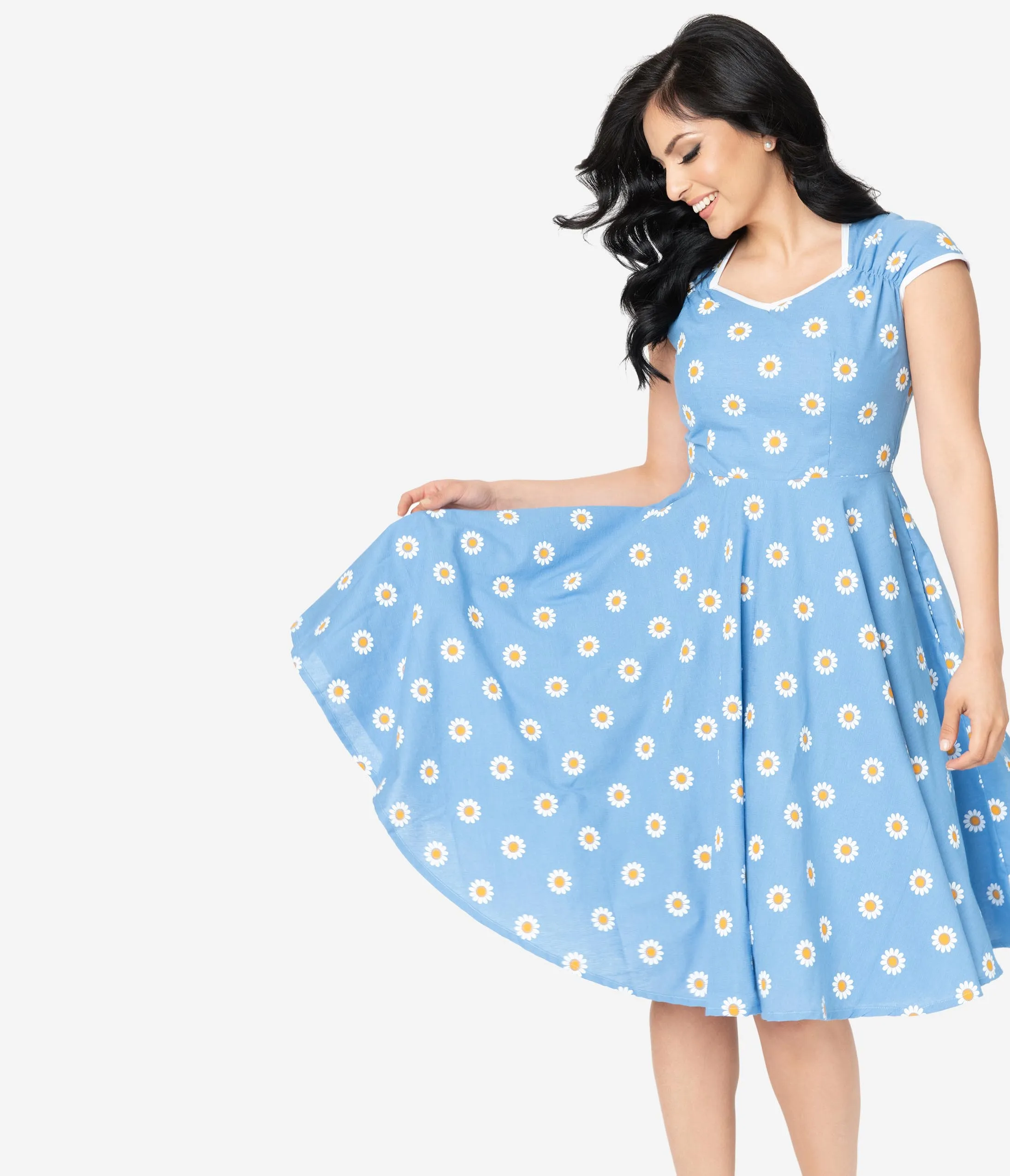 1950s Style Chambray Blue Daisy Bowie Swing Dress