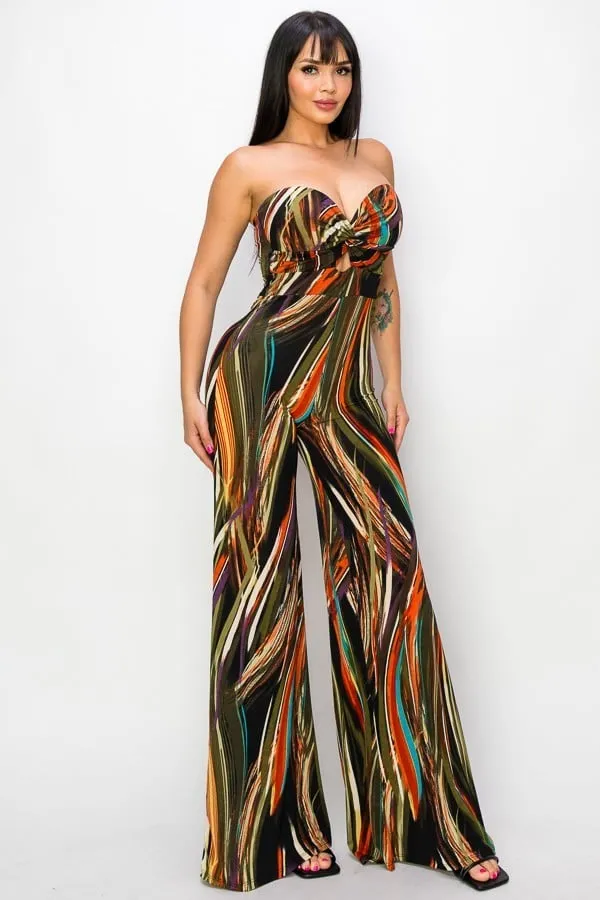 Allover print twist front wide leg jumpsuit-