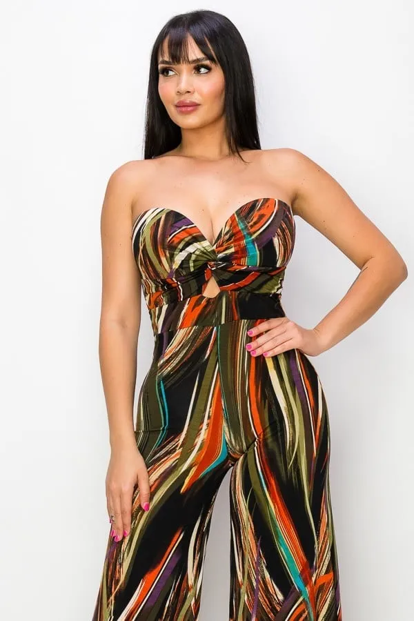 Allover print twist front wide leg jumpsuit-