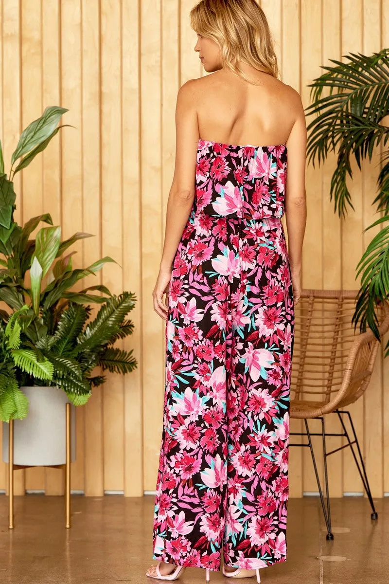 Andree by Unit Black with Pink Florals Wide Leg Jumpsuit