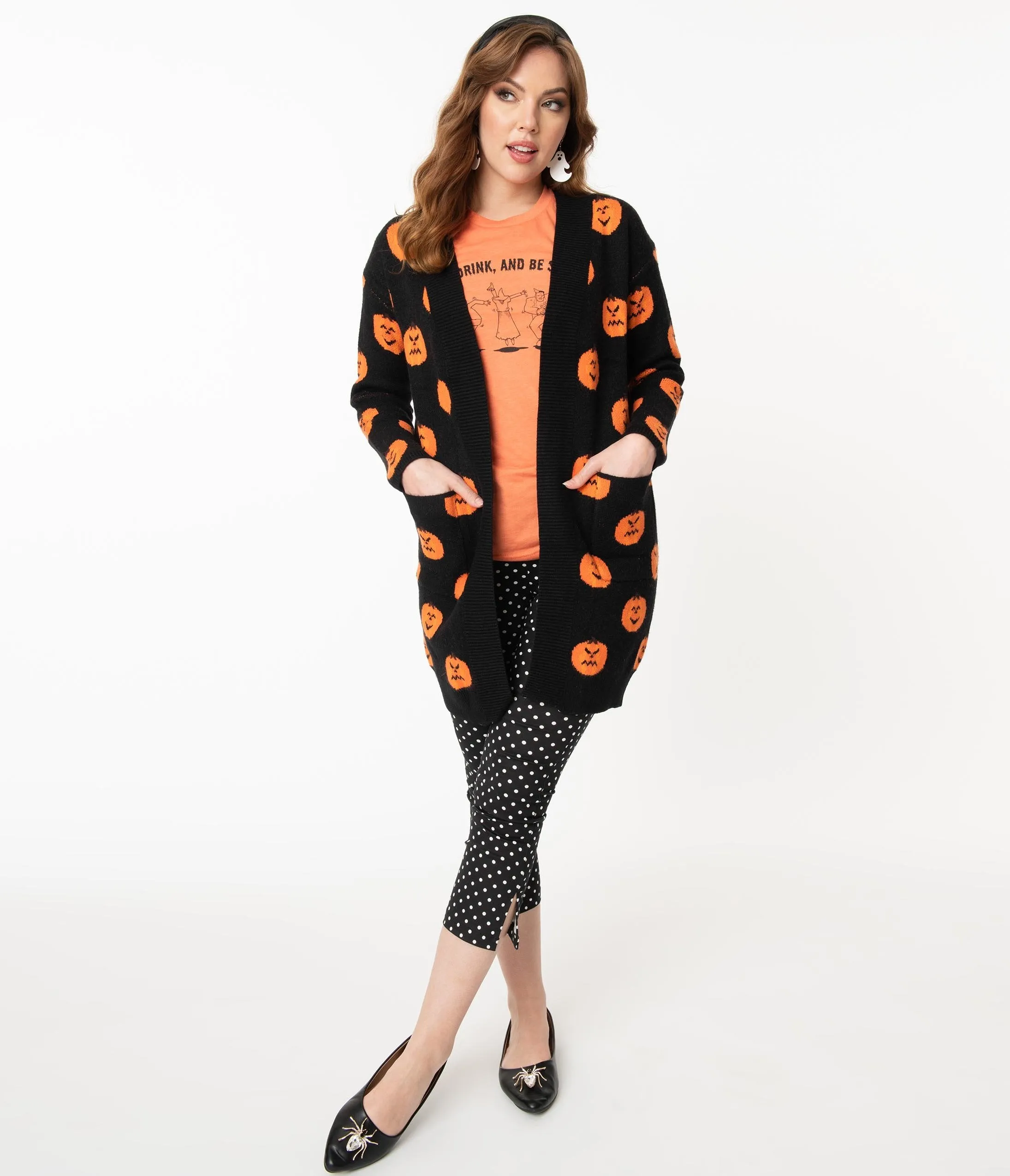 Black & Orange Pumpkins Open Long Cardigan