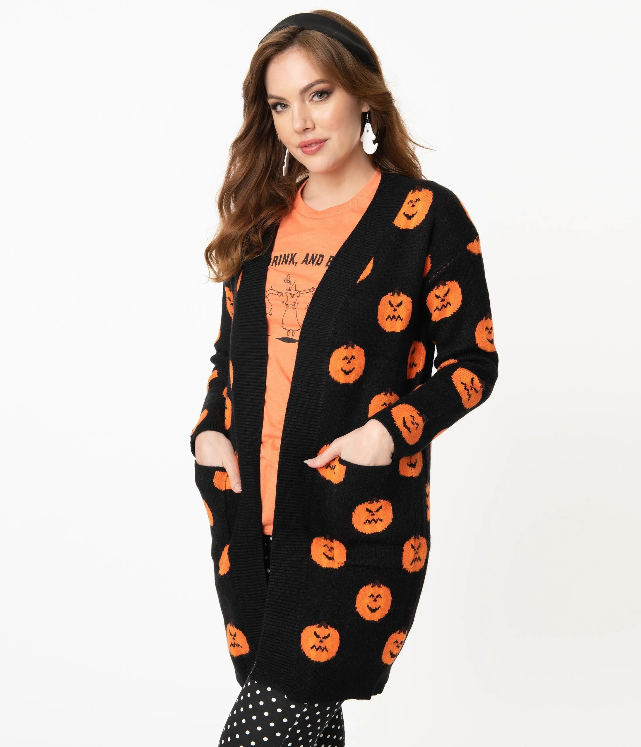 Black & Orange Pumpkins Open Long Cardigan