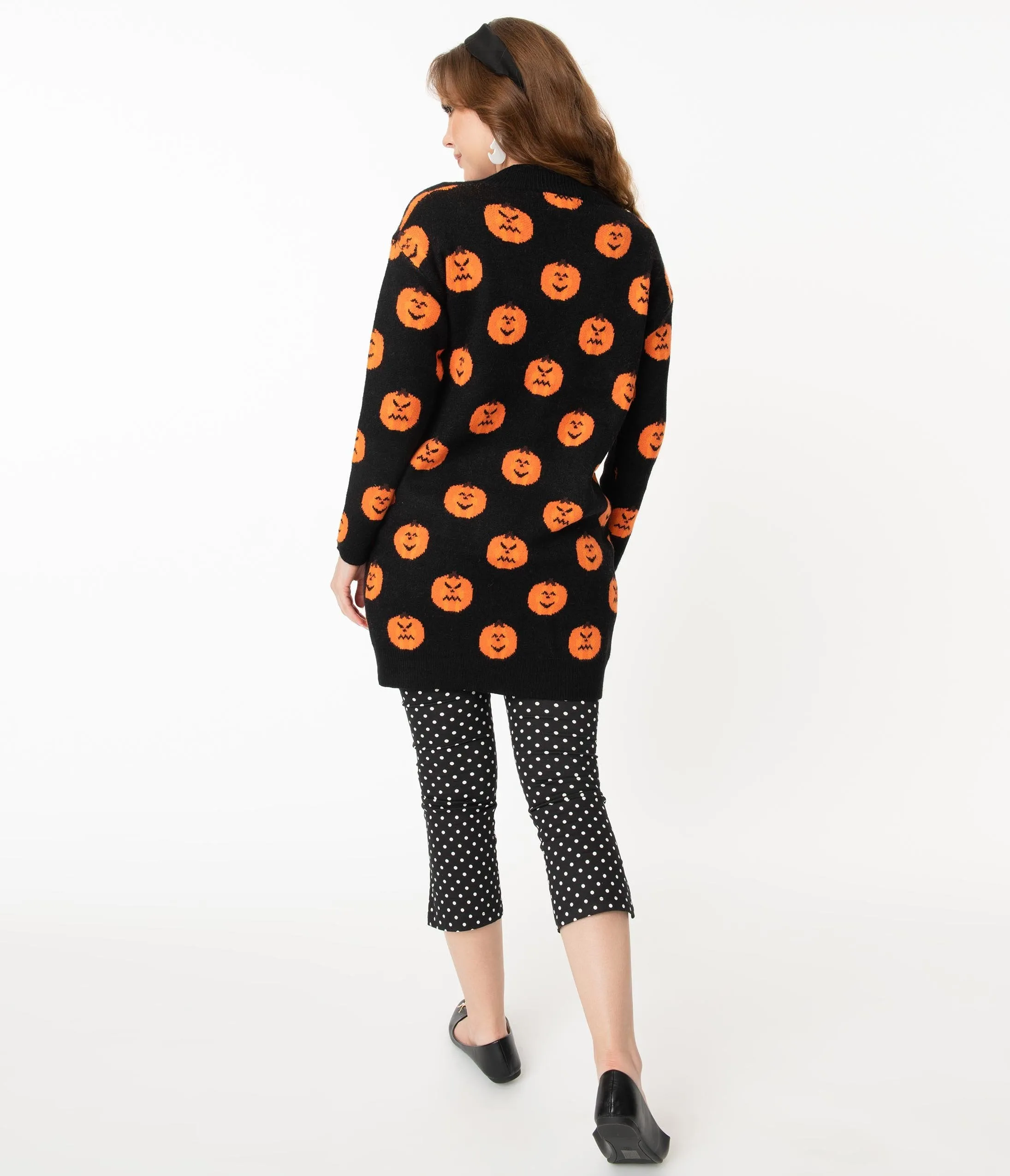 Black & Orange Pumpkins Open Long Cardigan