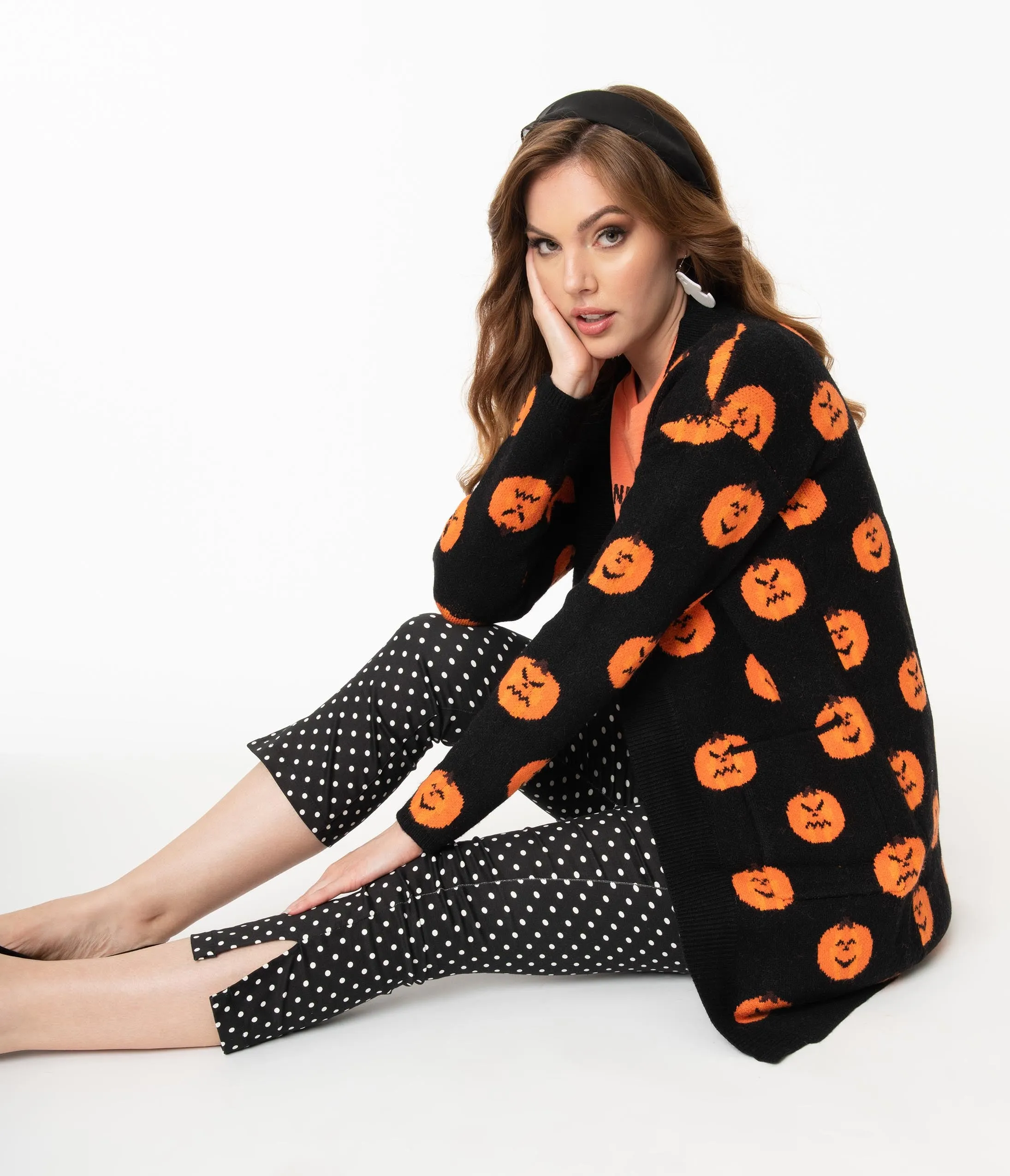 Black & Orange Pumpkins Open Long Cardigan