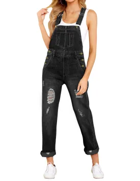 Black Cuffed Hem Ripped Bib Denim Overall Jumpsuit