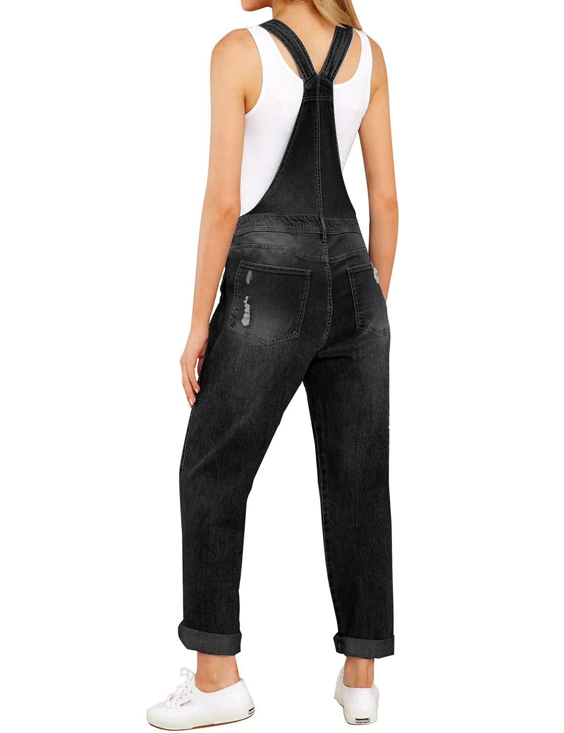 Black Cuffed Hem Ripped Bib Denim Overall Jumpsuit