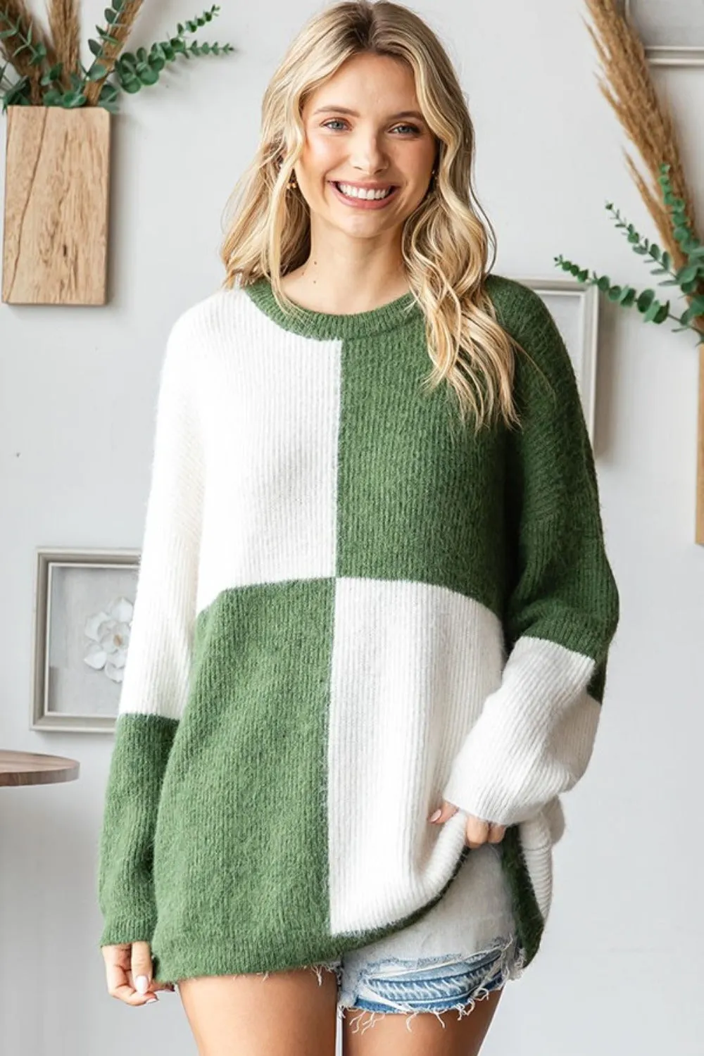 Color Block Round Neck Long Sleeve Ribbed Sweater