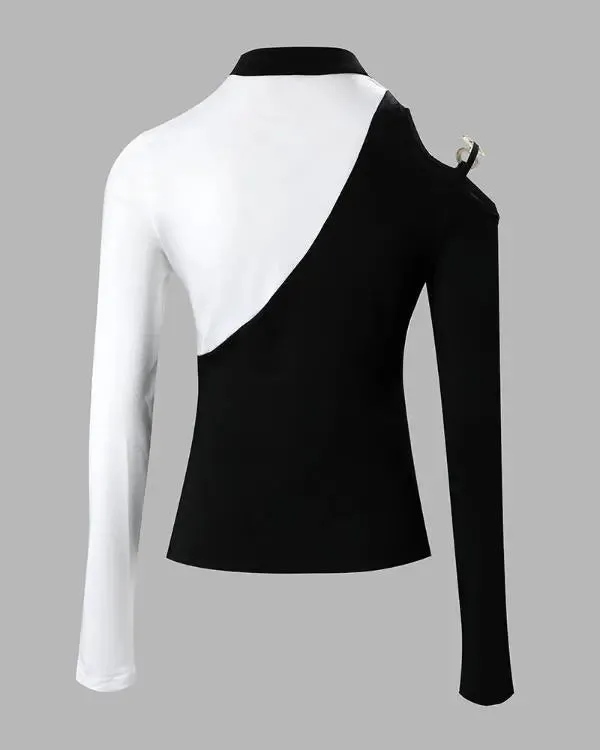 Colorblock Cold Shoulder Cutout Long Sleeve Top