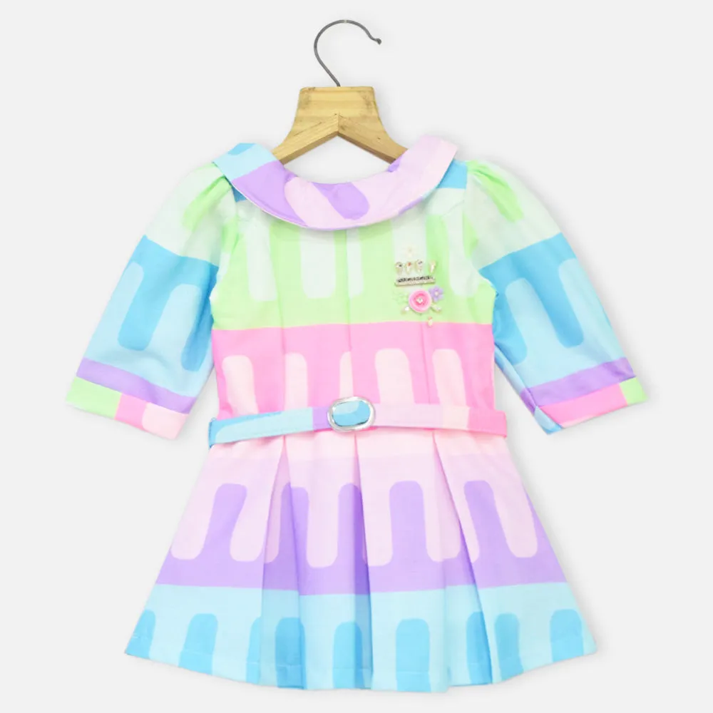 Colorful Puff Sleeves Dress With Belt