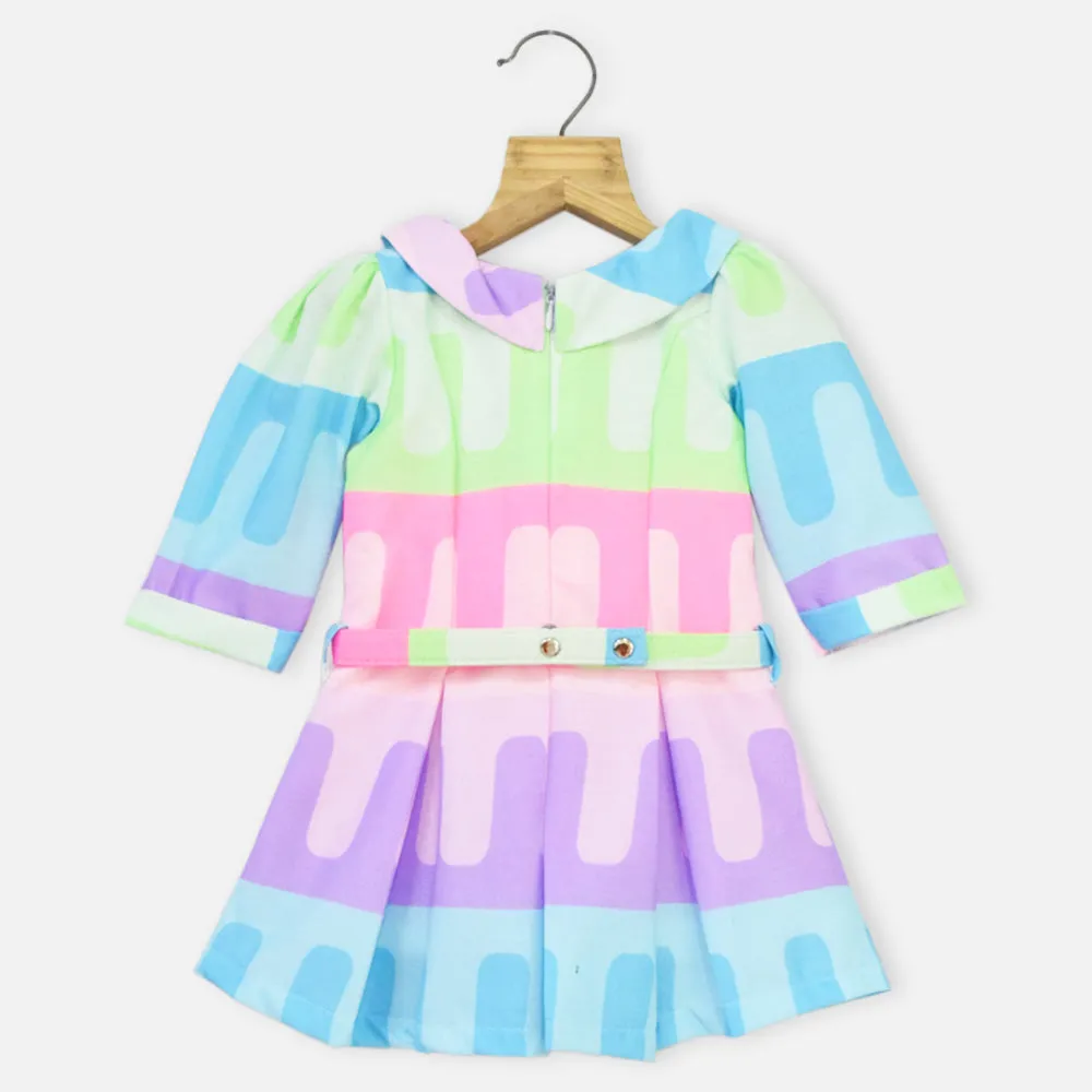 Colorful Puff Sleeves Dress With Belt