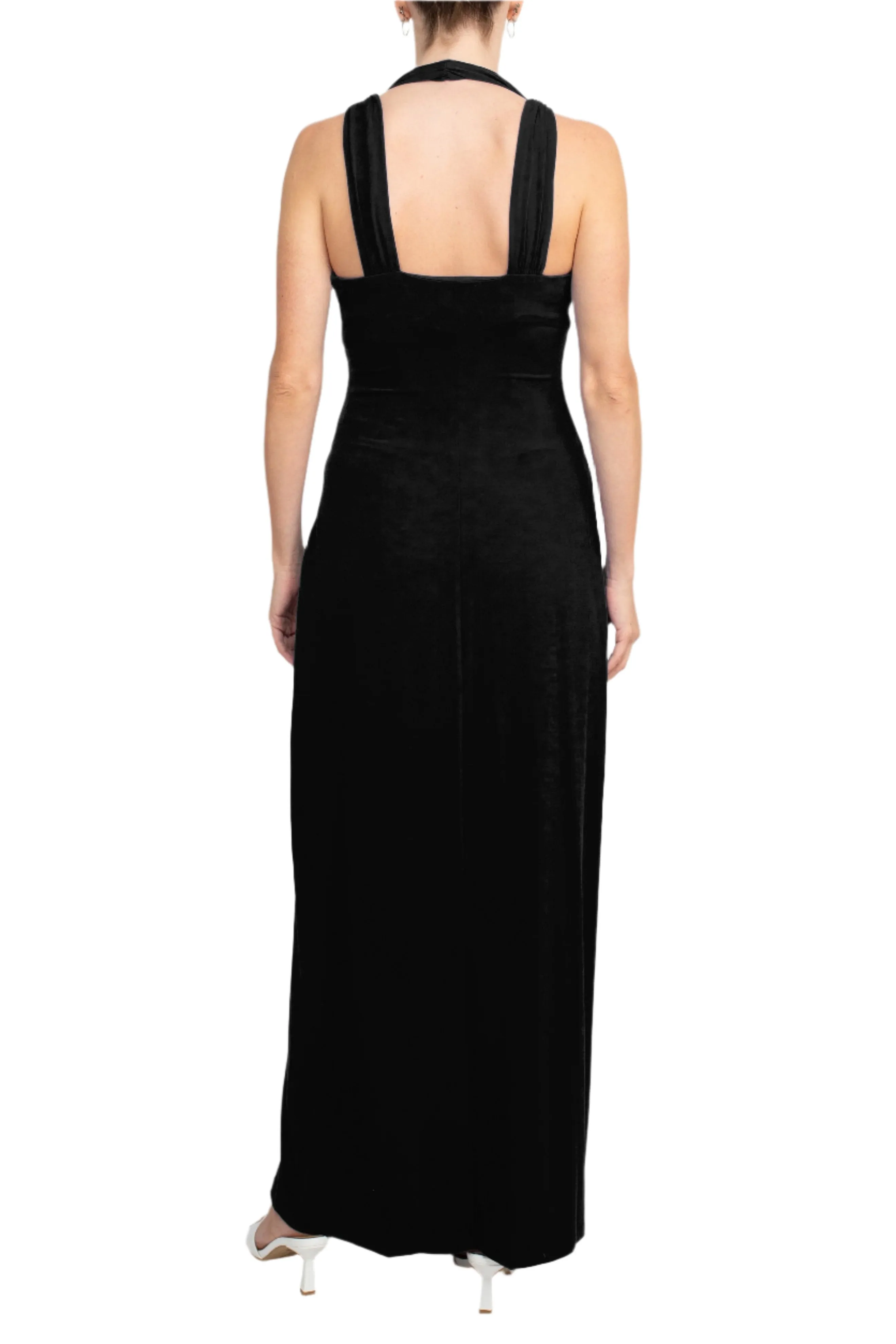 Connected Apparel Crossed Neck Sleeveless Jewelry Front Detail Ruched Empire Waist Solid Jersey Dress