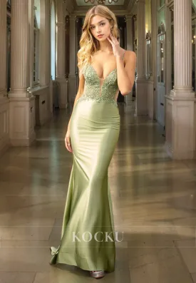 Elegant & Luxurious Spaghetti Straps V-Neck Sheath Appliques Evening Party Prom Dress