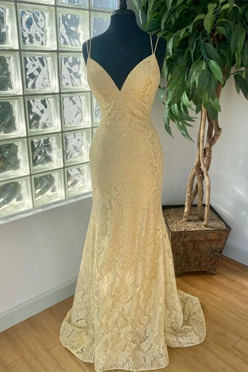 Elegant Gold Mermaid Lace Long Prom Dress