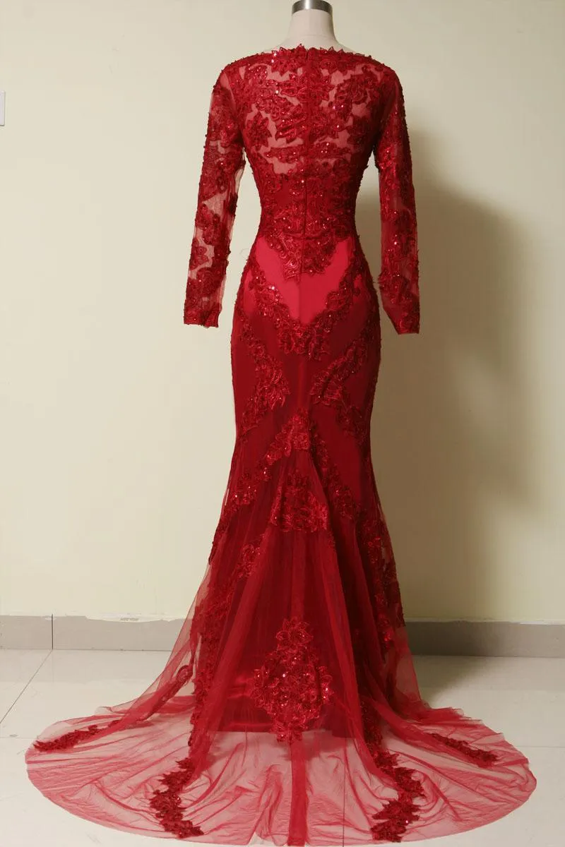 Elegant Long Sleeves Red Lace Mermaid Prom Dress 2025 Party Dress Evening Dress 2025