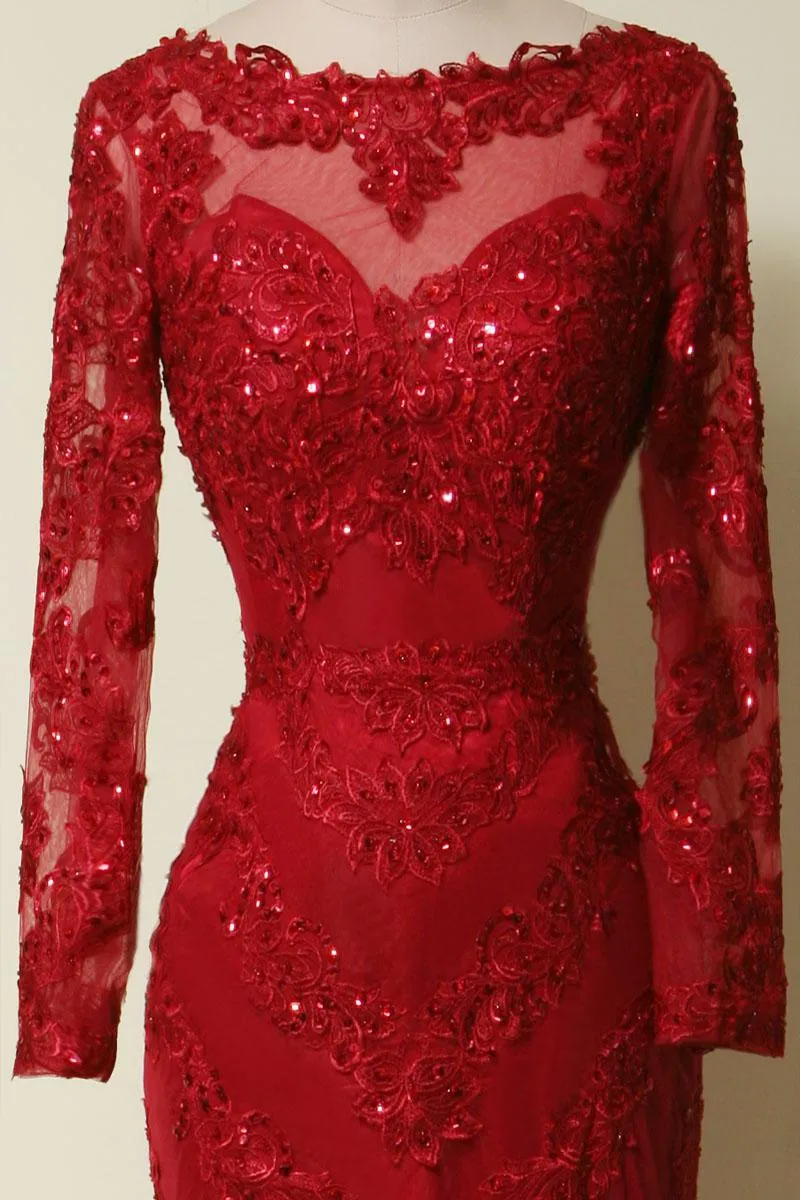 Elegant Long Sleeves Red Lace Mermaid Prom Dress 2025 Party Dress Evening Dress 2025