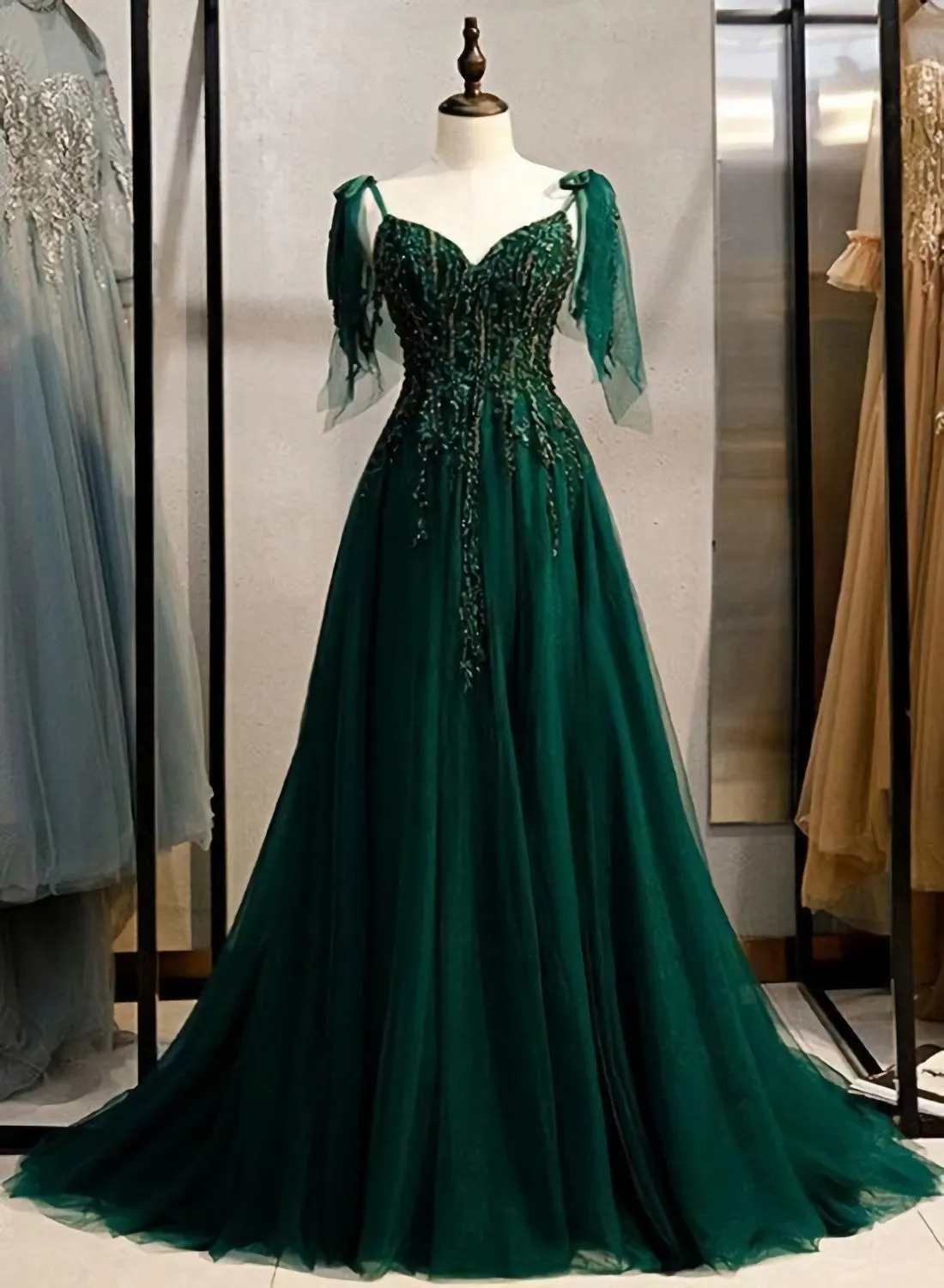 Elegant V Neckline Straps Tulle Long Junior Prom Dress Green Prom Dress 2025