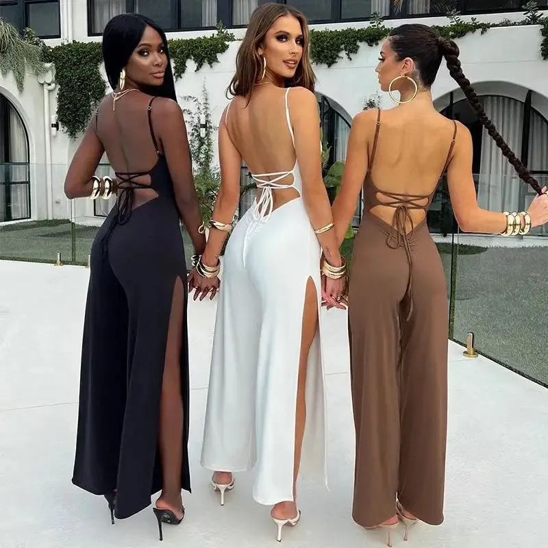 Fashion New Solid Split Backless Sexy Jumpsuit Women Sleeveless Elegant Bodysuit Women Casual Slim Fit Lady Playsuits