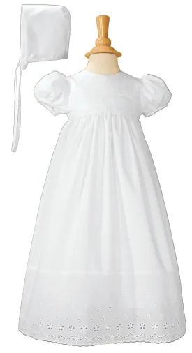 Girls White Cotton Christening Baptism Gown with Lace Border and Bonnet