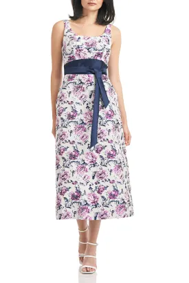 Kay Unger Square Neck Sleeveless Tie Waist Zipper Back Floral Jacquard Dress