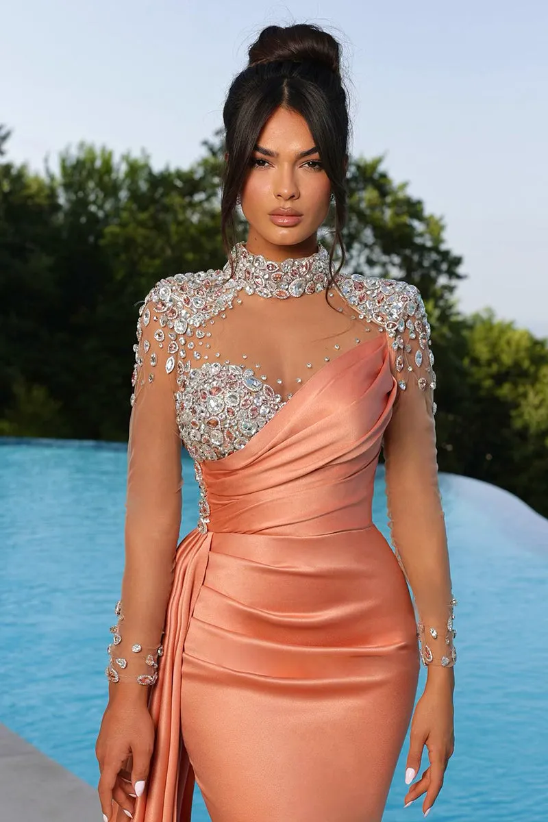 L1383 - High Neck Long Sleeves Beaded Tulle Satin Mermaid Long Prom Evening Dress