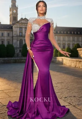 L1383 - High Neck Long Sleeves Beaded Tulle Satin Mermaid Long Prom Evening Dress