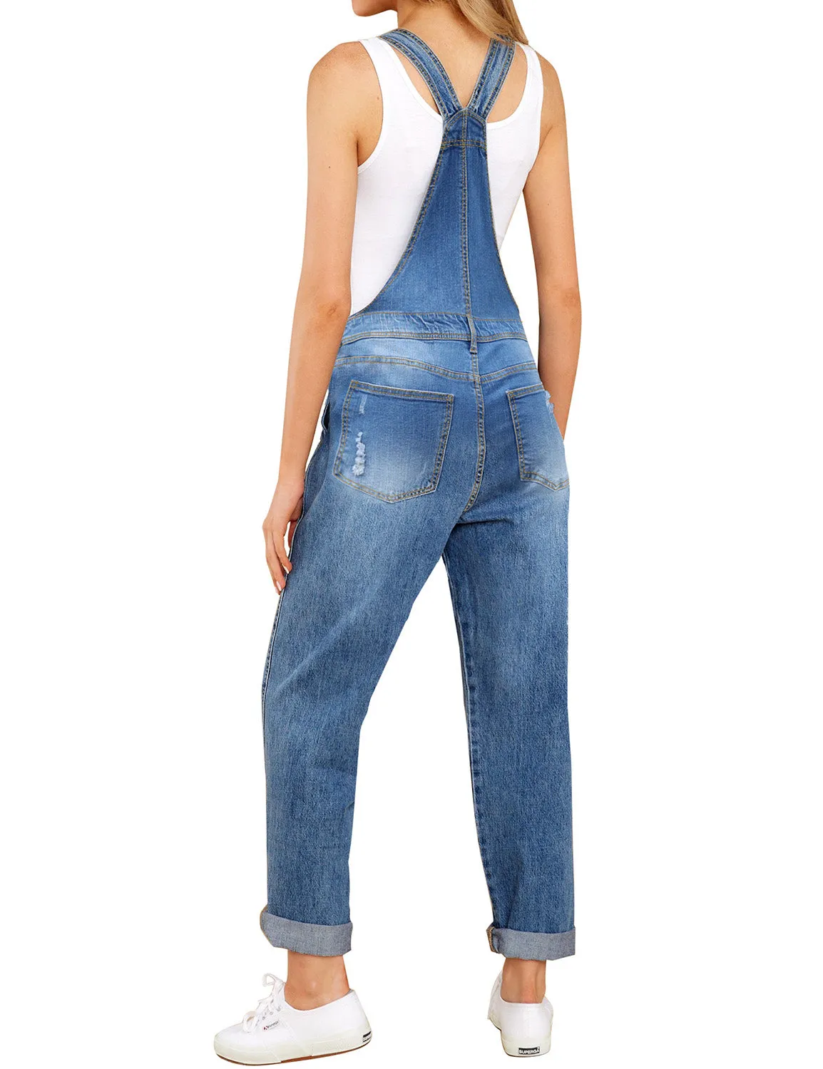 Light Blue Cuffed Hem Ripped Bib Denim Overall Jumpsuit