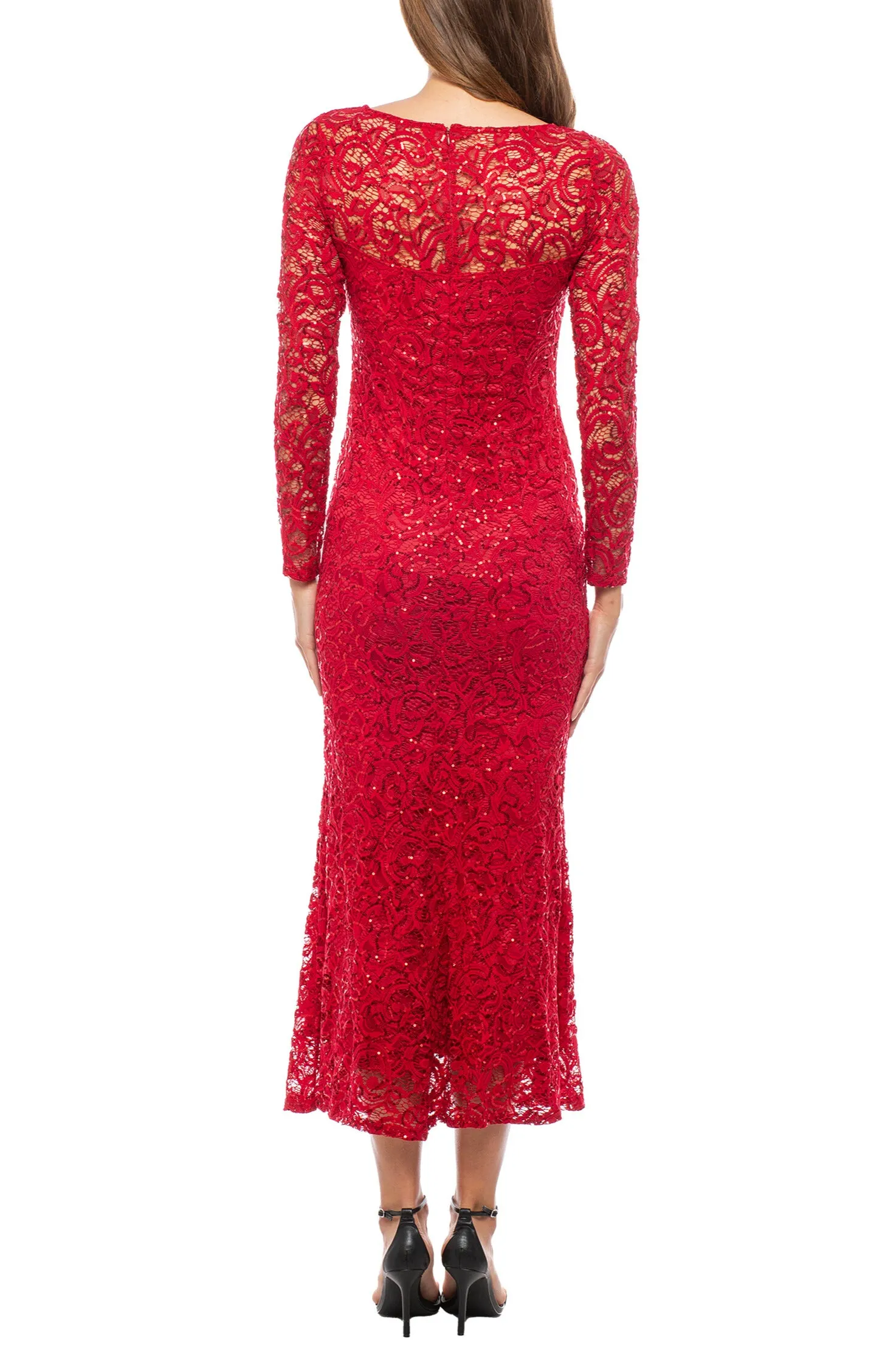 Marina Long Sleeve Illusion Boat Neck Sequin Lace Midi Dress