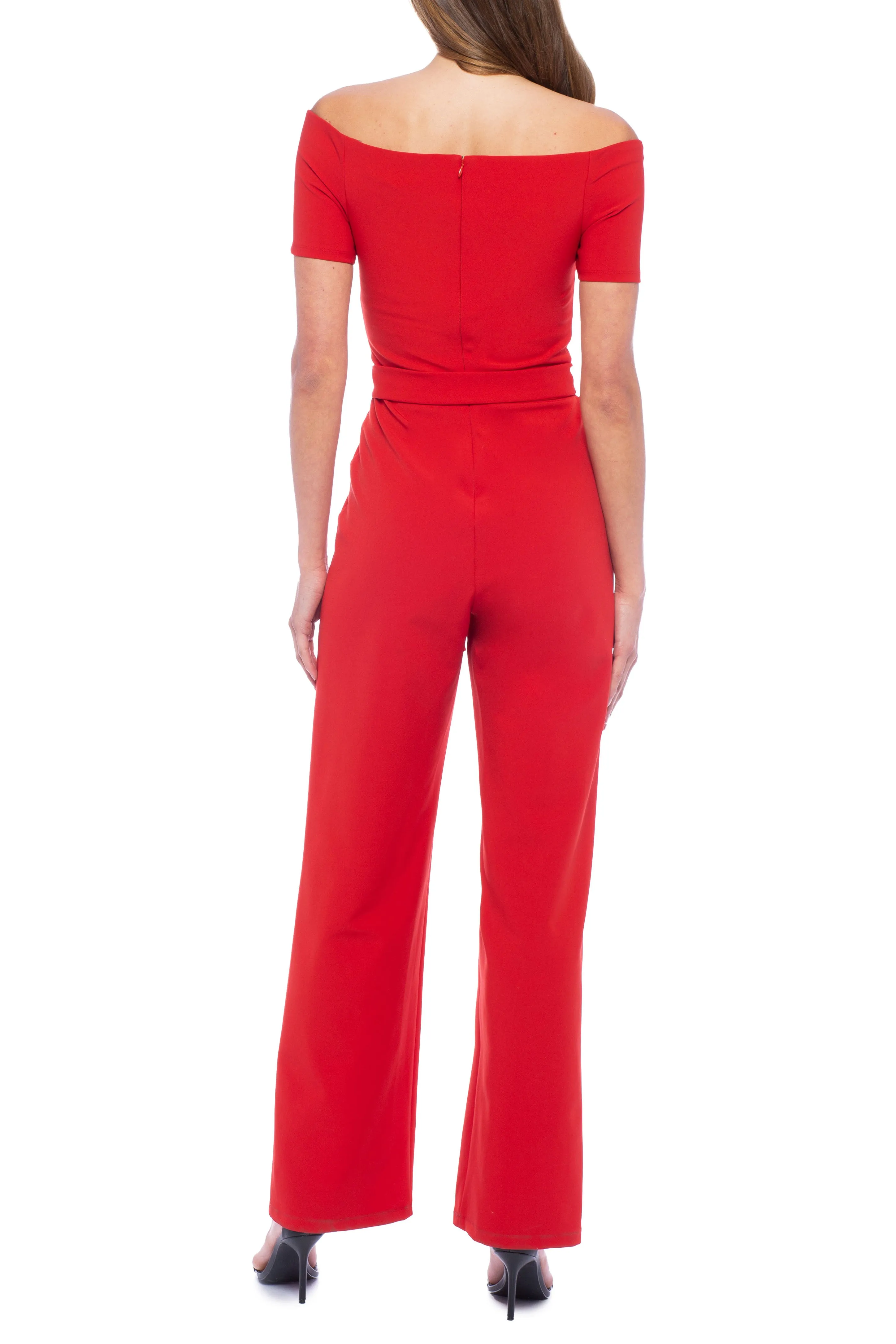 Marina Off-shoulder short sleeve zipper back tie waist solid stretch crepe jumpsuit