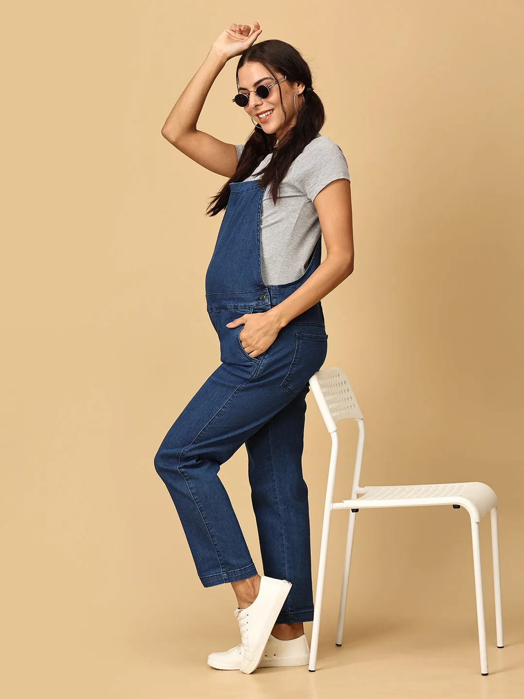 Maternity Denim Dungaree with Side Buttons Blue