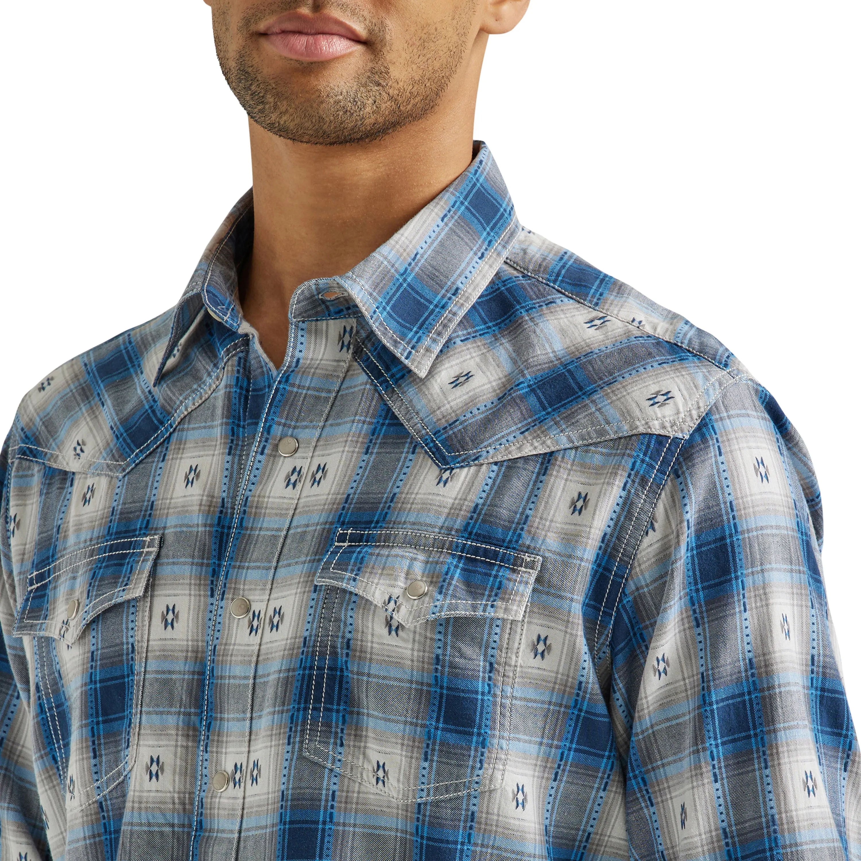 Men's Wrangler Retro Premium Blue/White/Gray Aztec Print Plaid Snap Western Shirt