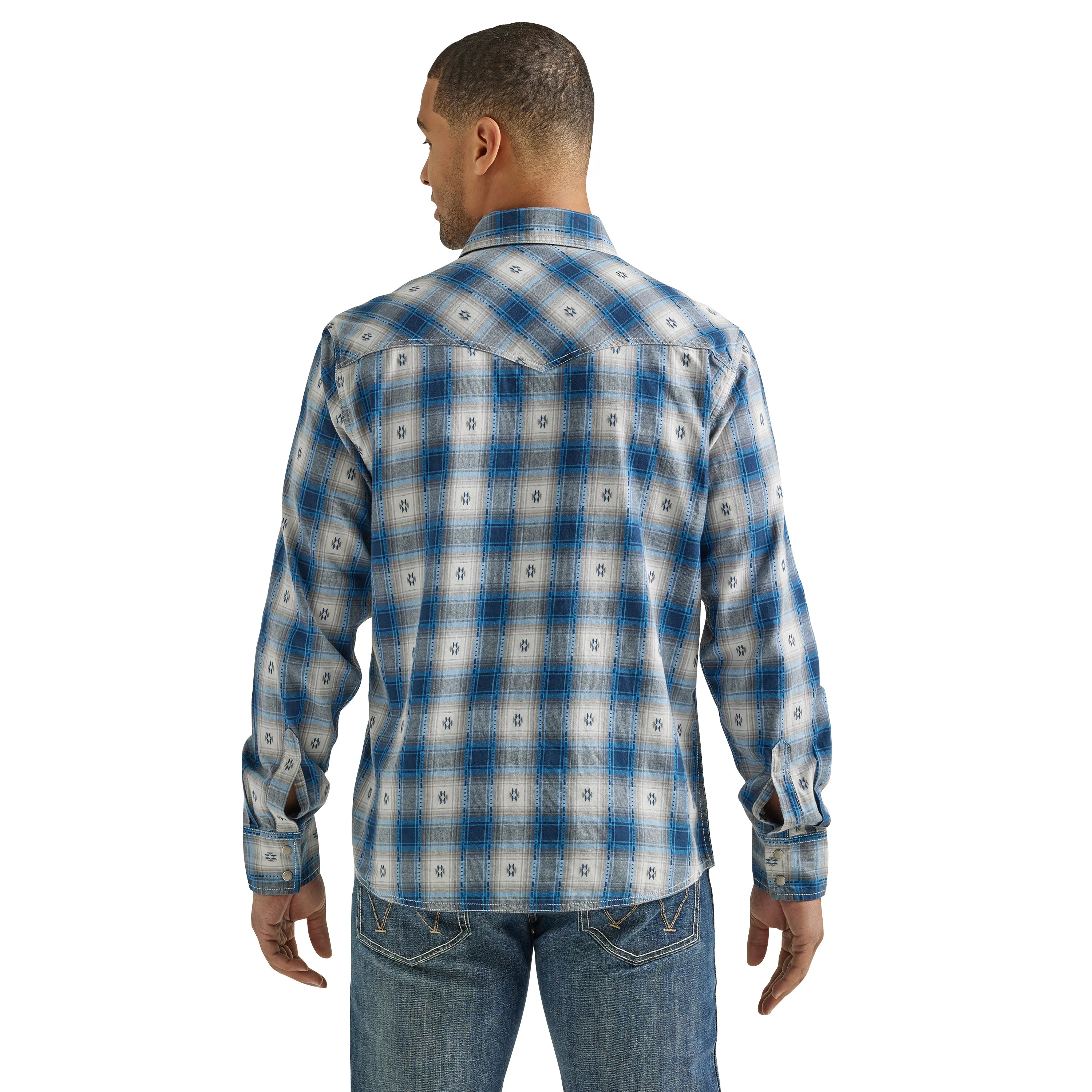 Men's Wrangler Retro Premium Blue/White/Gray Aztec Print Plaid Snap Western Shirt