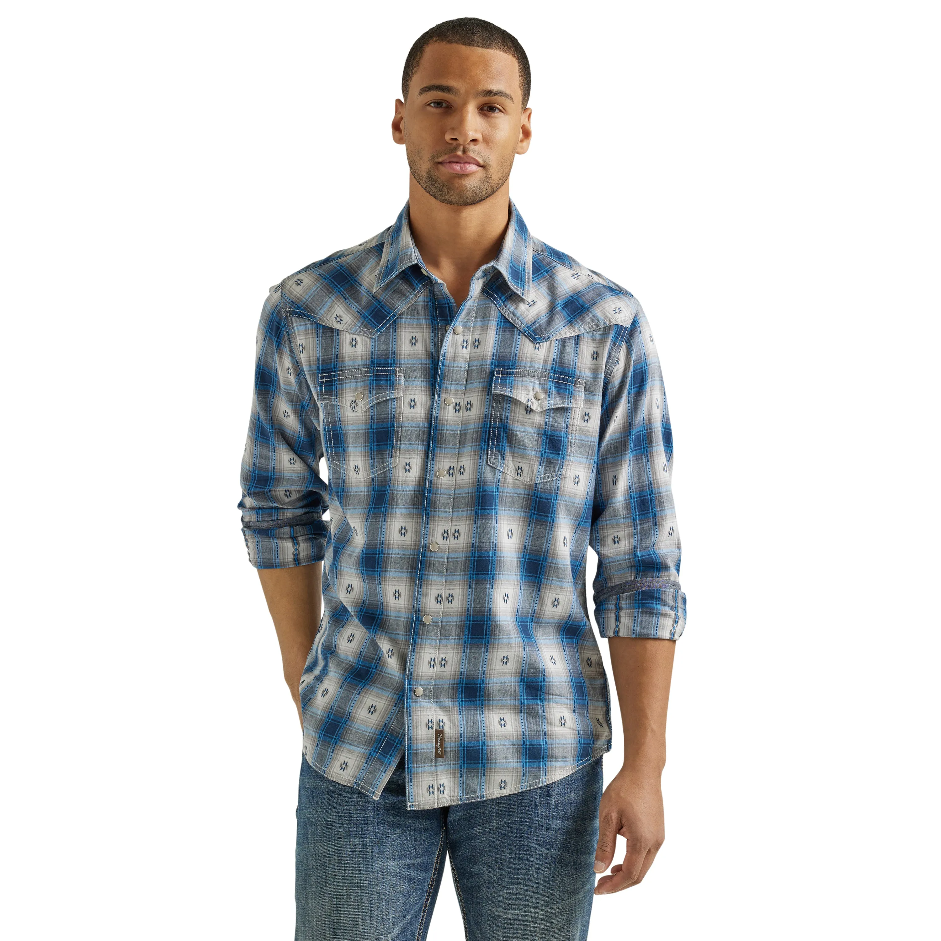 Men's Wrangler Retro Premium Blue/White/Gray Aztec Print Plaid Snap Western Shirt