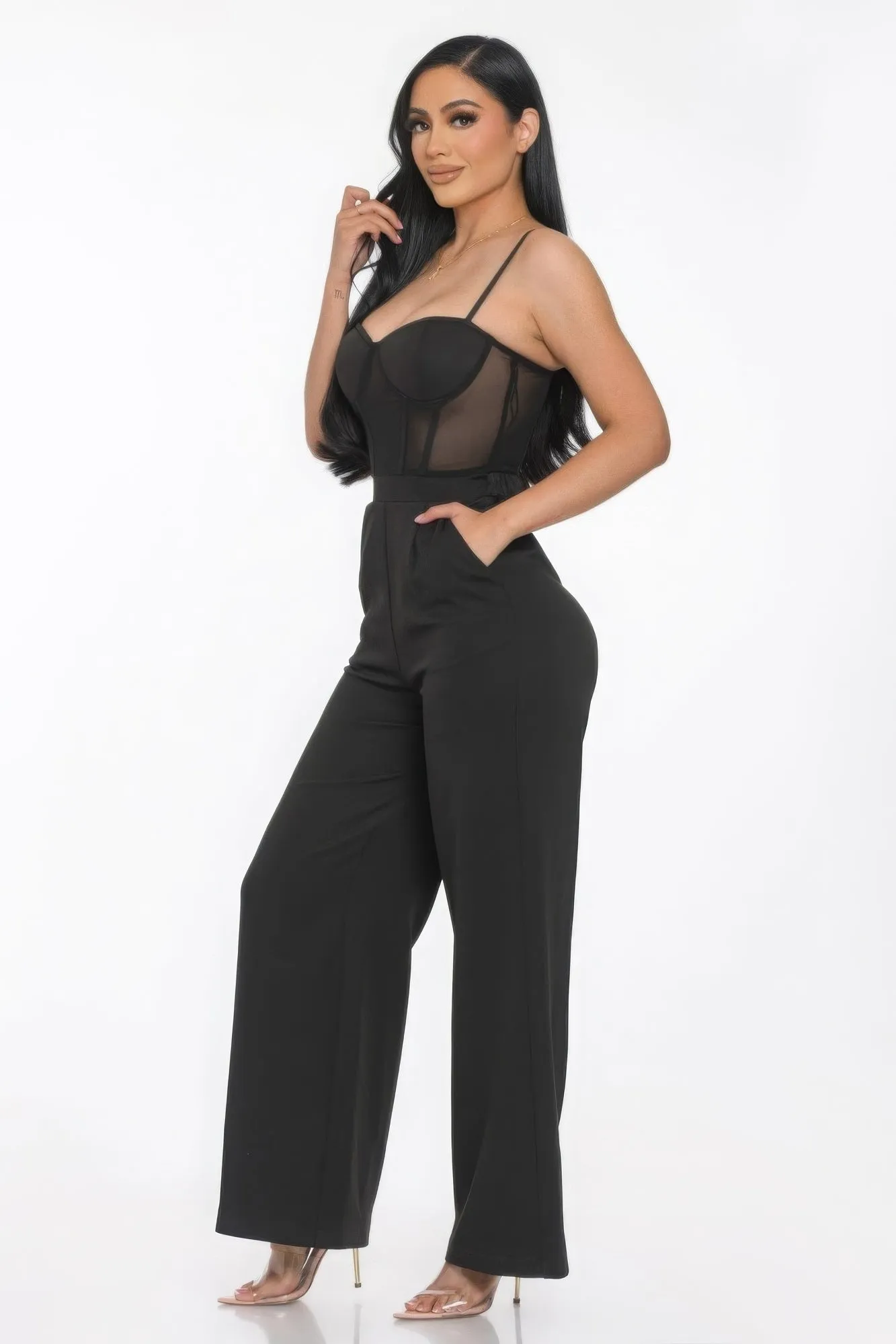 Mesh Insert Cup Wide Leg Women's Jumpsuit