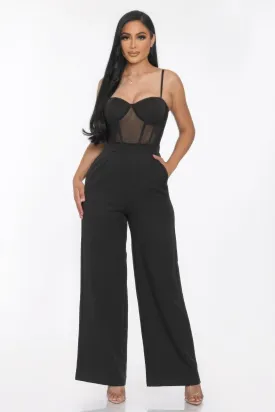 Mesh Insert Cup Wide Leg Women's Jumpsuit