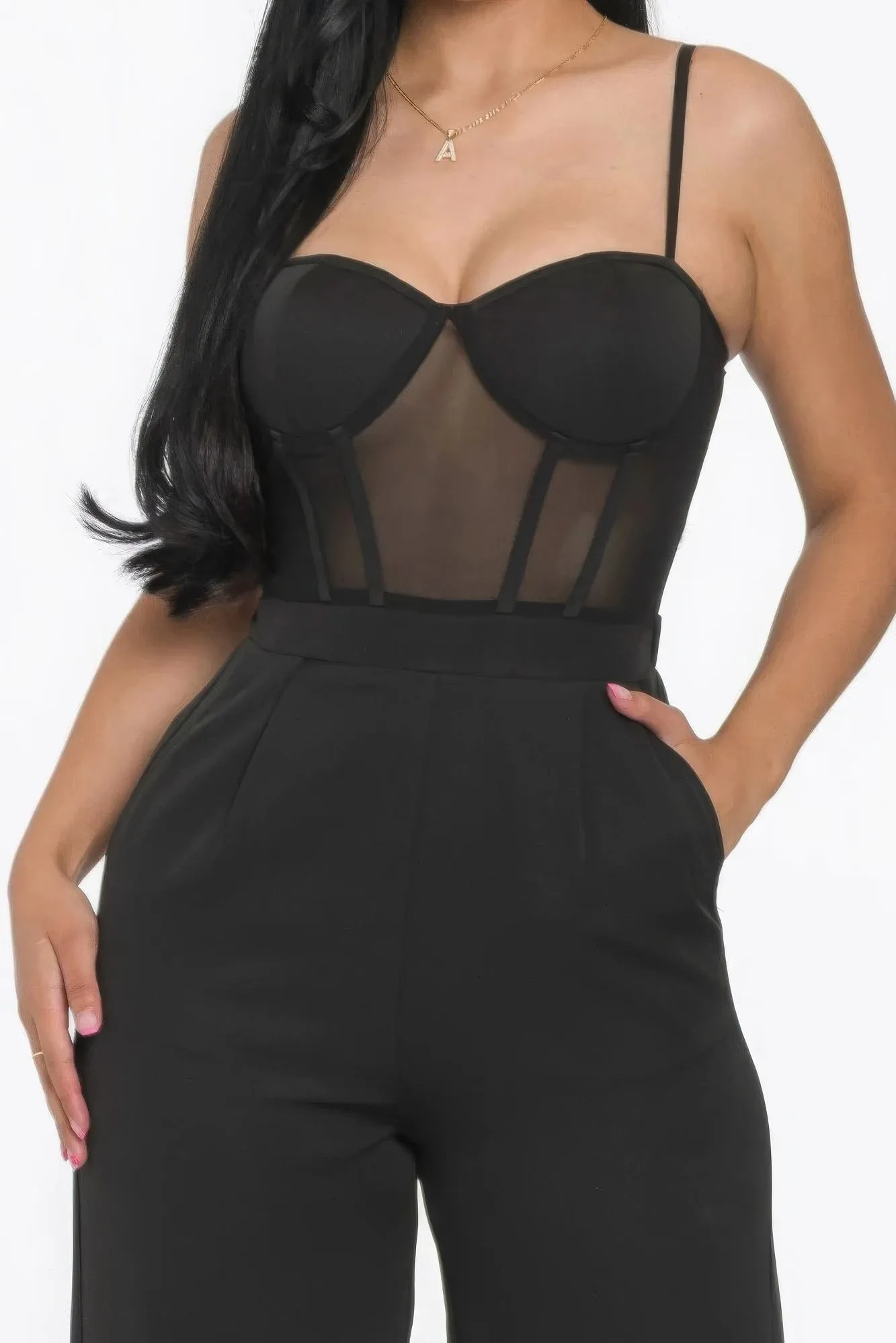 Mesh Insert Cup Wide Leg Women's Jumpsuit