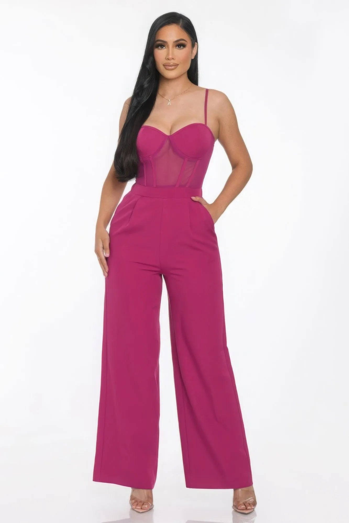 Mesh Insert Cup Wide Leg Women's Jumpsuit