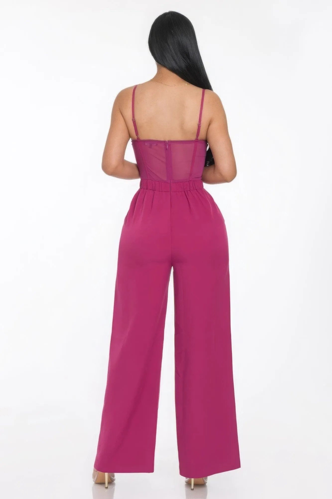 Mesh Insert Cup Wide Leg Women's Jumpsuit