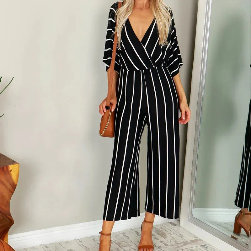 New European and American wide leg striped jumpsuit, fashionable design, showcasing personal charm