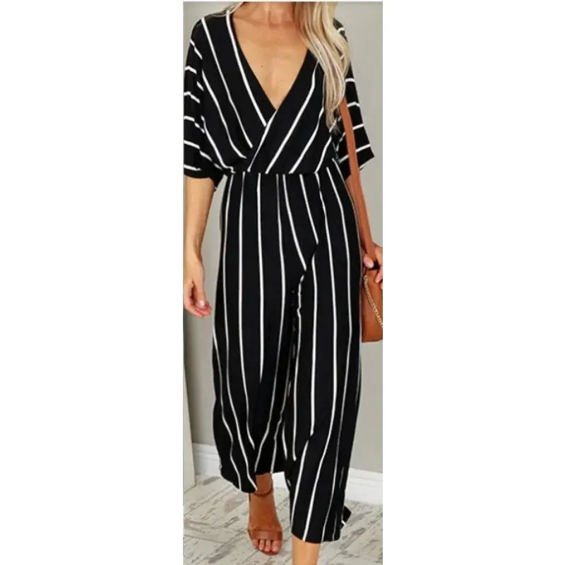 New European and American wide leg striped jumpsuit, fashionable design, showcasing personal charm