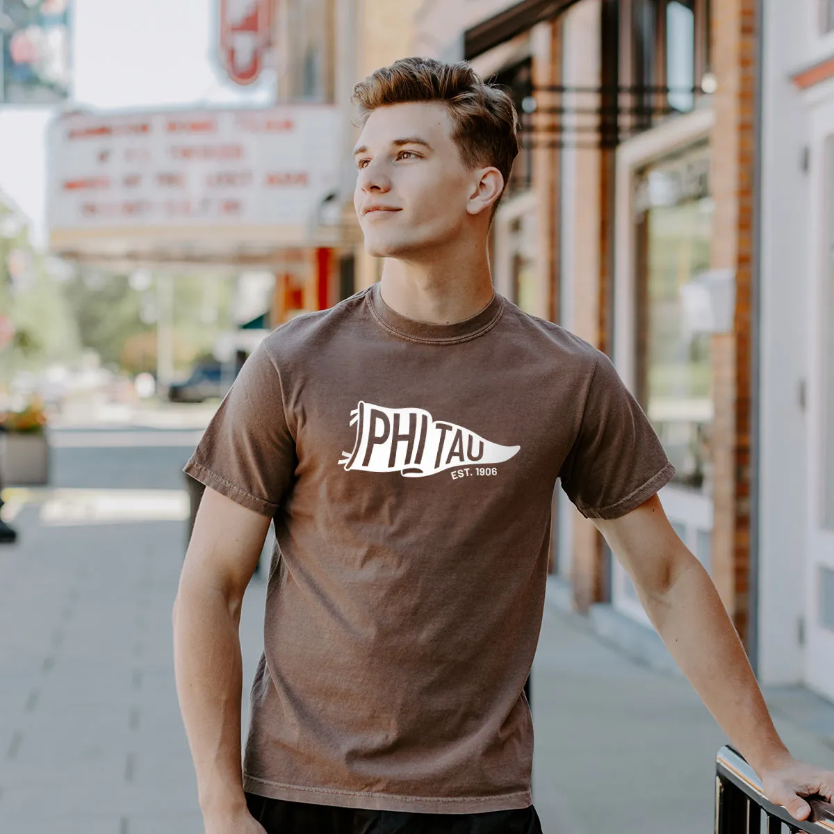 New! Phi Tau Comfort Colors Brown Pennant Short Sleeve Tee