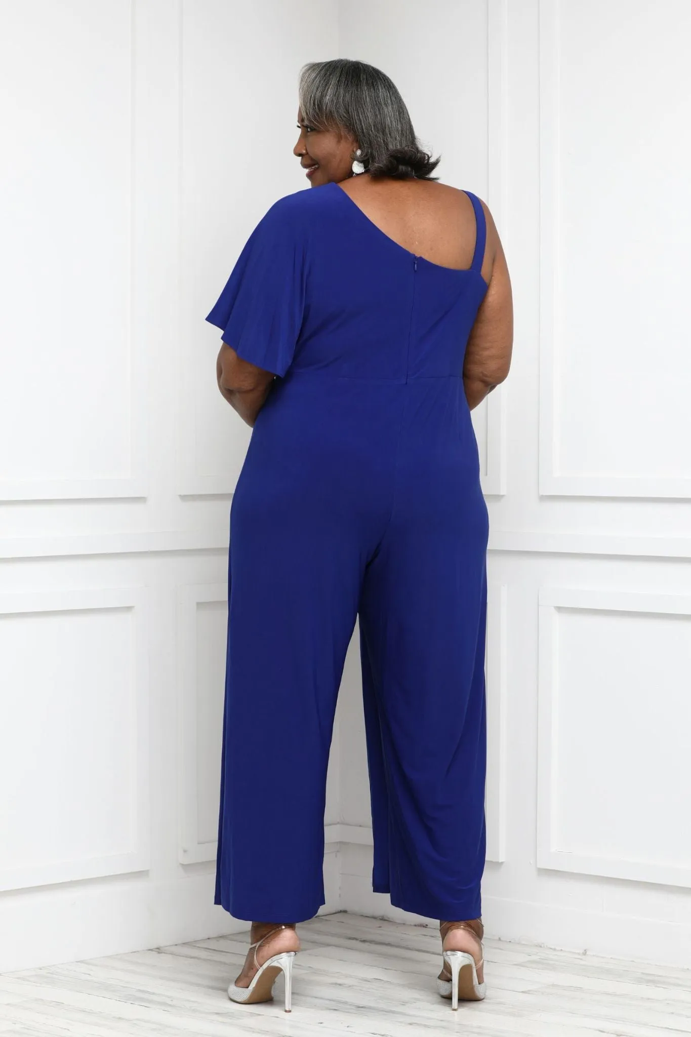 Plus Size Flared Jumpsuit with Single Shoulder, Overlay, and Draped Sleeves