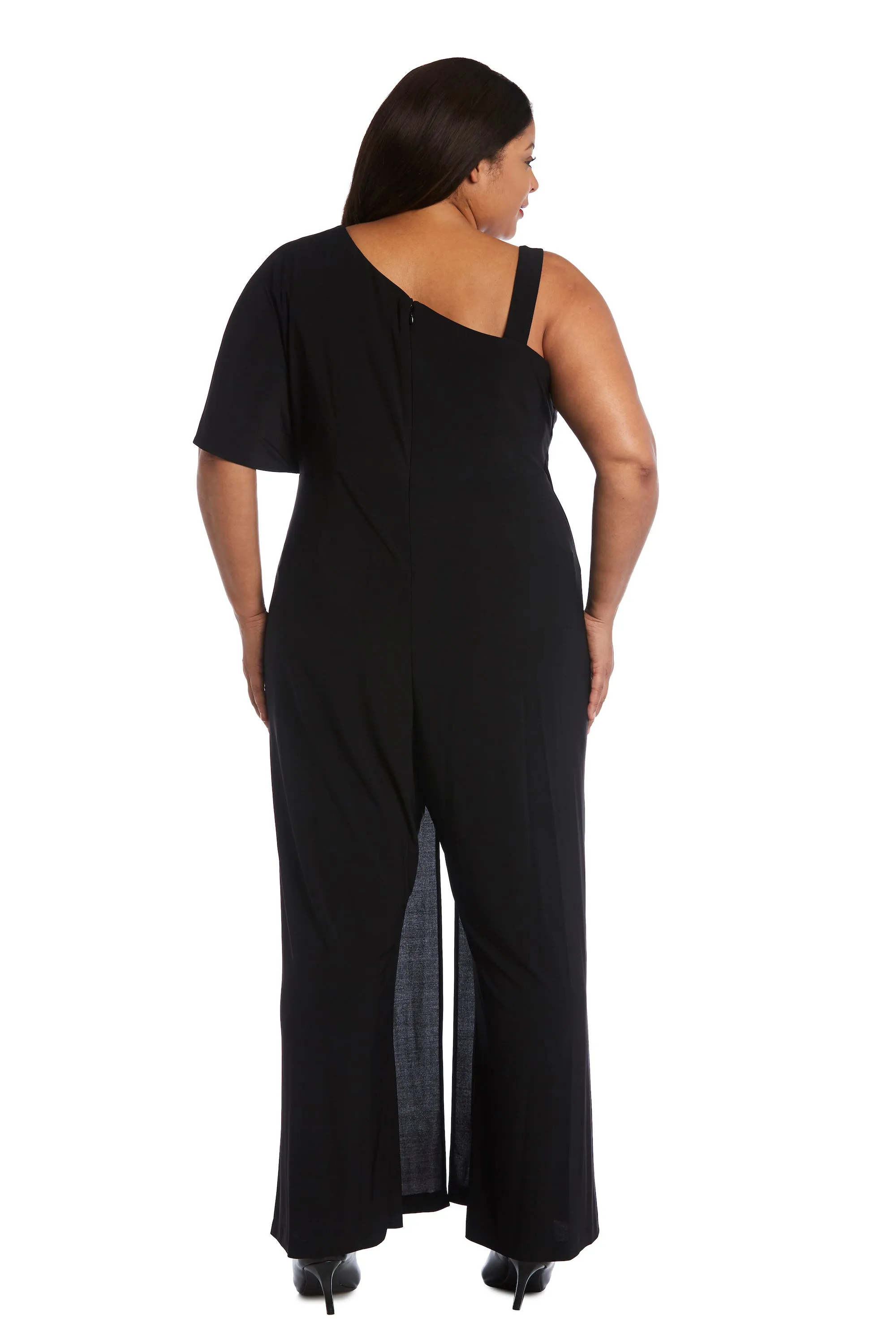 Plus Size Flared Jumpsuit with Single Shoulder, Overlay, and Draped Sleeves