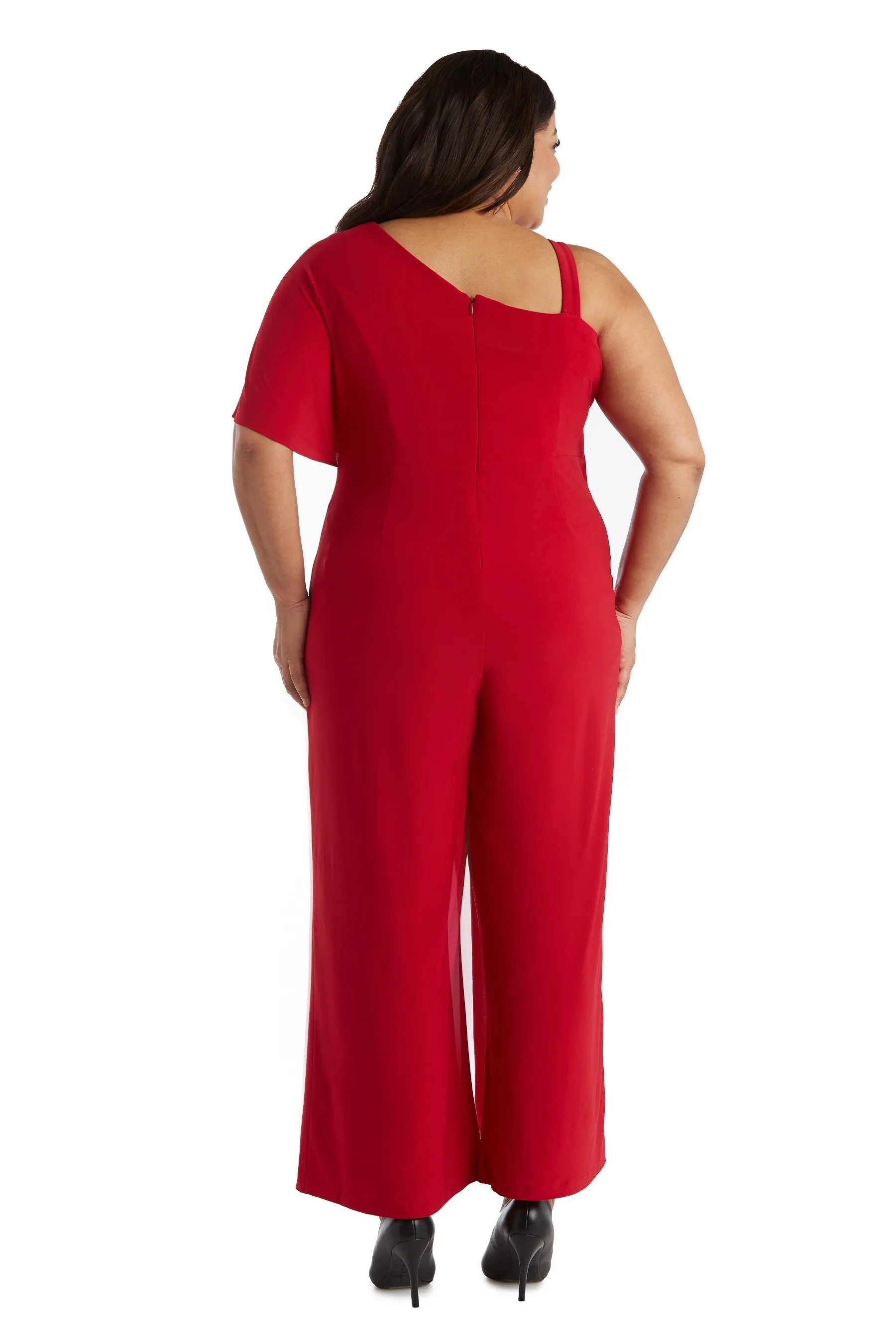 Plus Size Flared Jumpsuit with Single Shoulder, Overlay, and Draped Sleeves