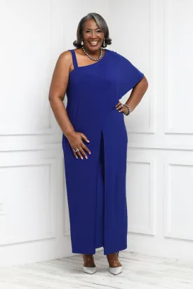 Plus Size Flared Jumpsuit with Single Shoulder, Overlay, and Draped Sleeves