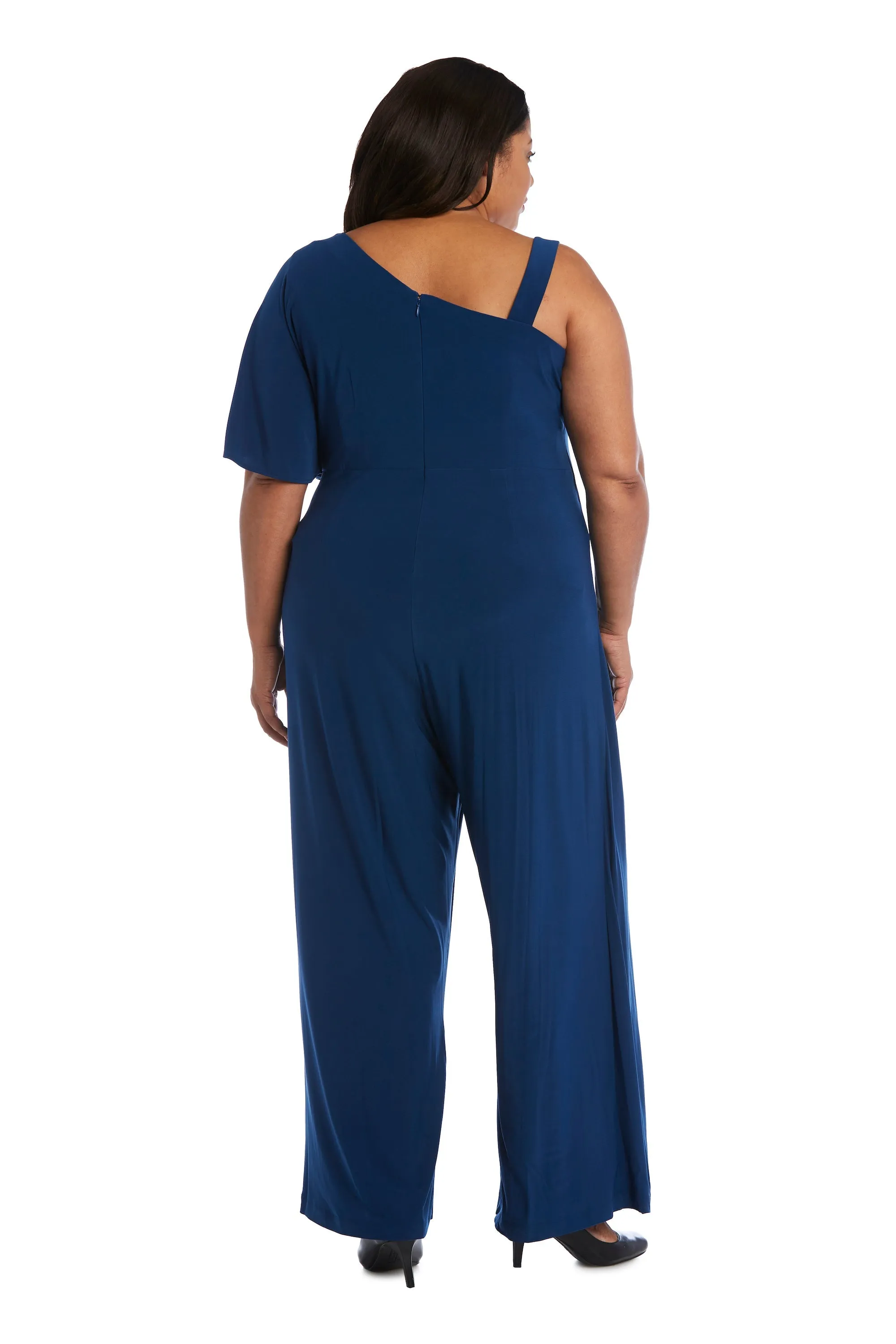 Plus Size Flared Jumpsuit with Single Shoulder, Overlay, and Draped Sleeves