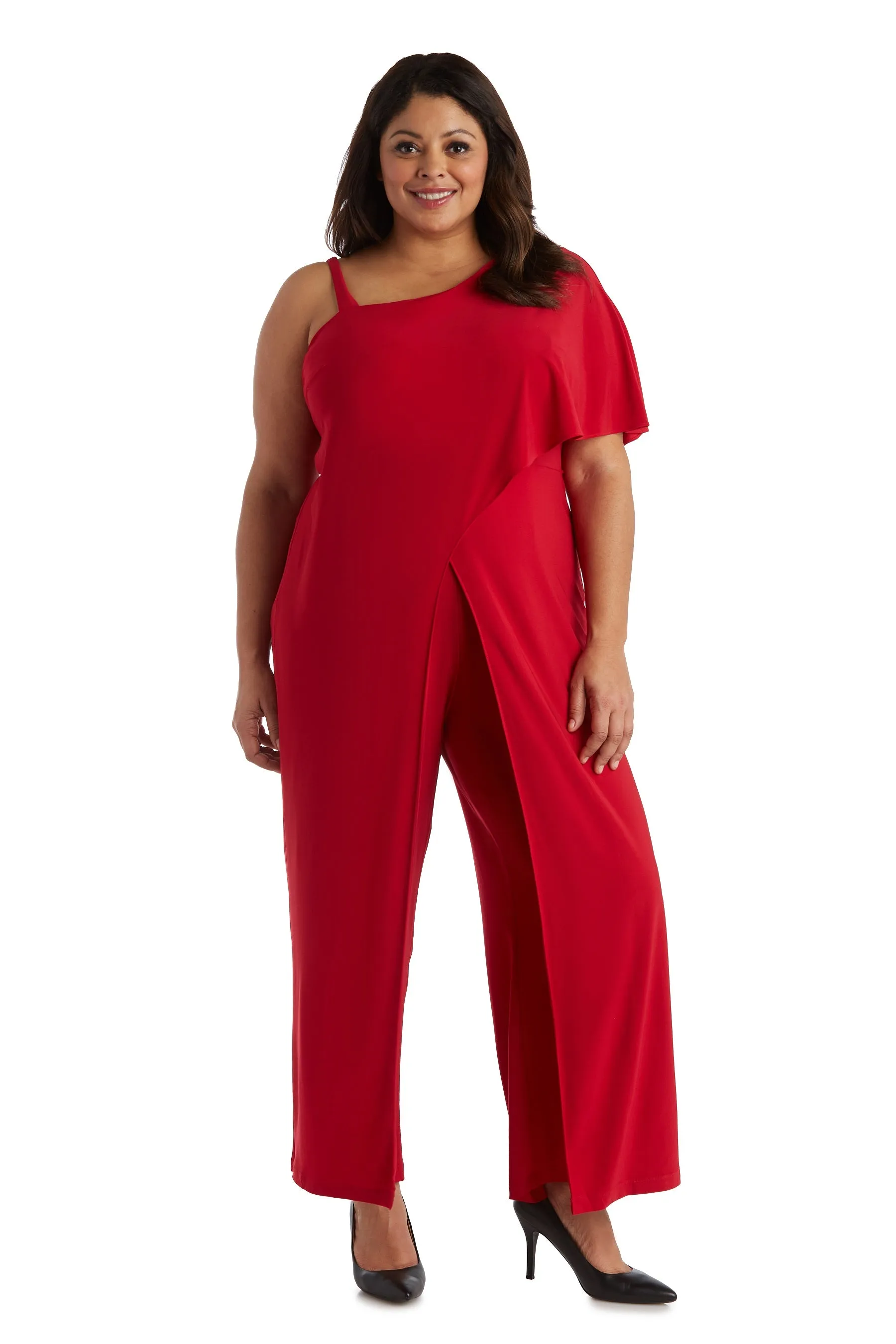 Plus Size Flared Jumpsuit with Single Shoulder, Overlay, and Draped Sleeves