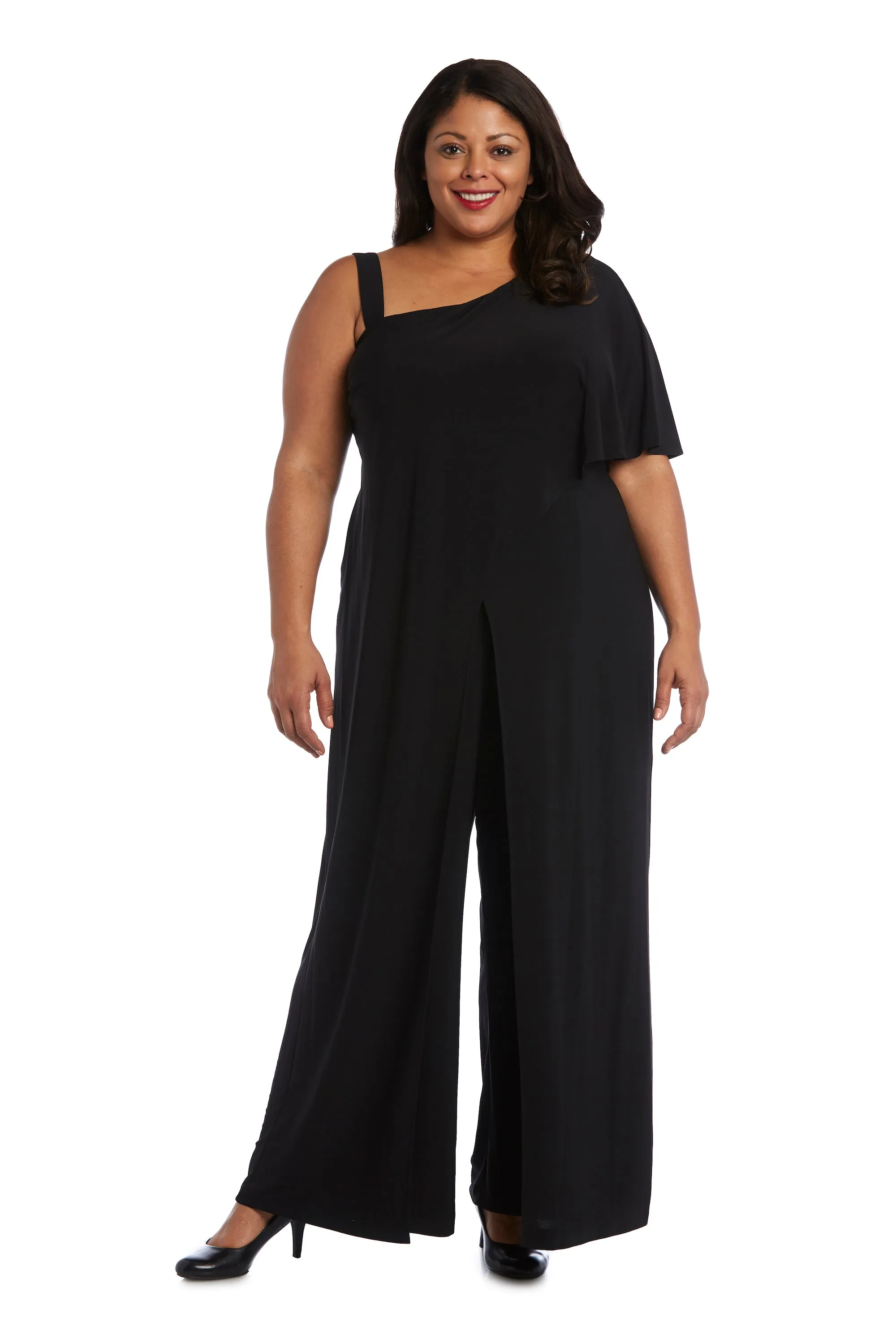 Plus Size Flared Jumpsuit with Single Shoulder, Overlay, and Draped Sleeves