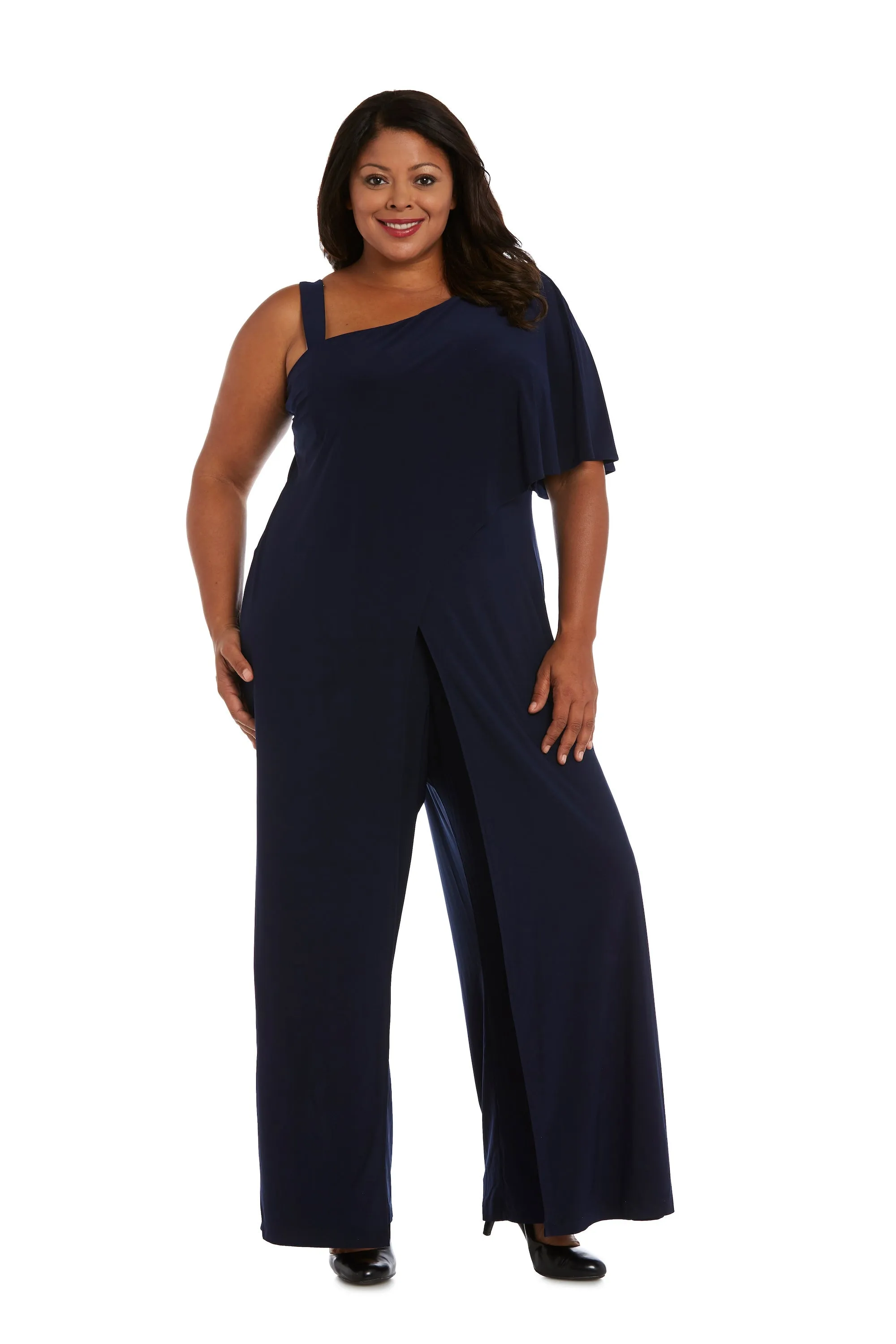 Plus Size Flared Jumpsuit with Single Shoulder, Overlay, and Draped Sleeves