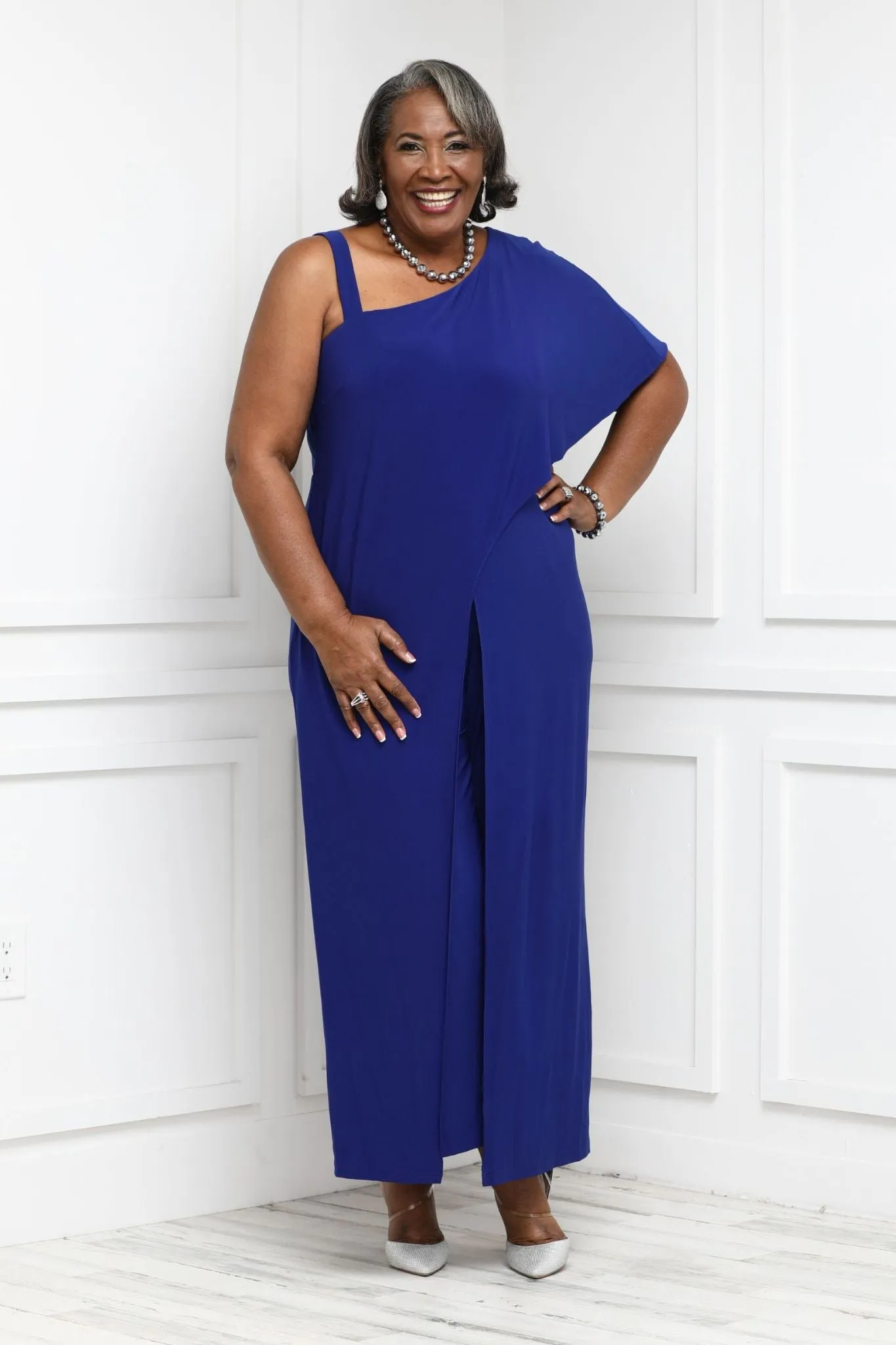 Plus Size Flared Jumpsuit with Single Shoulder, Overlay, and Draped Sleeves