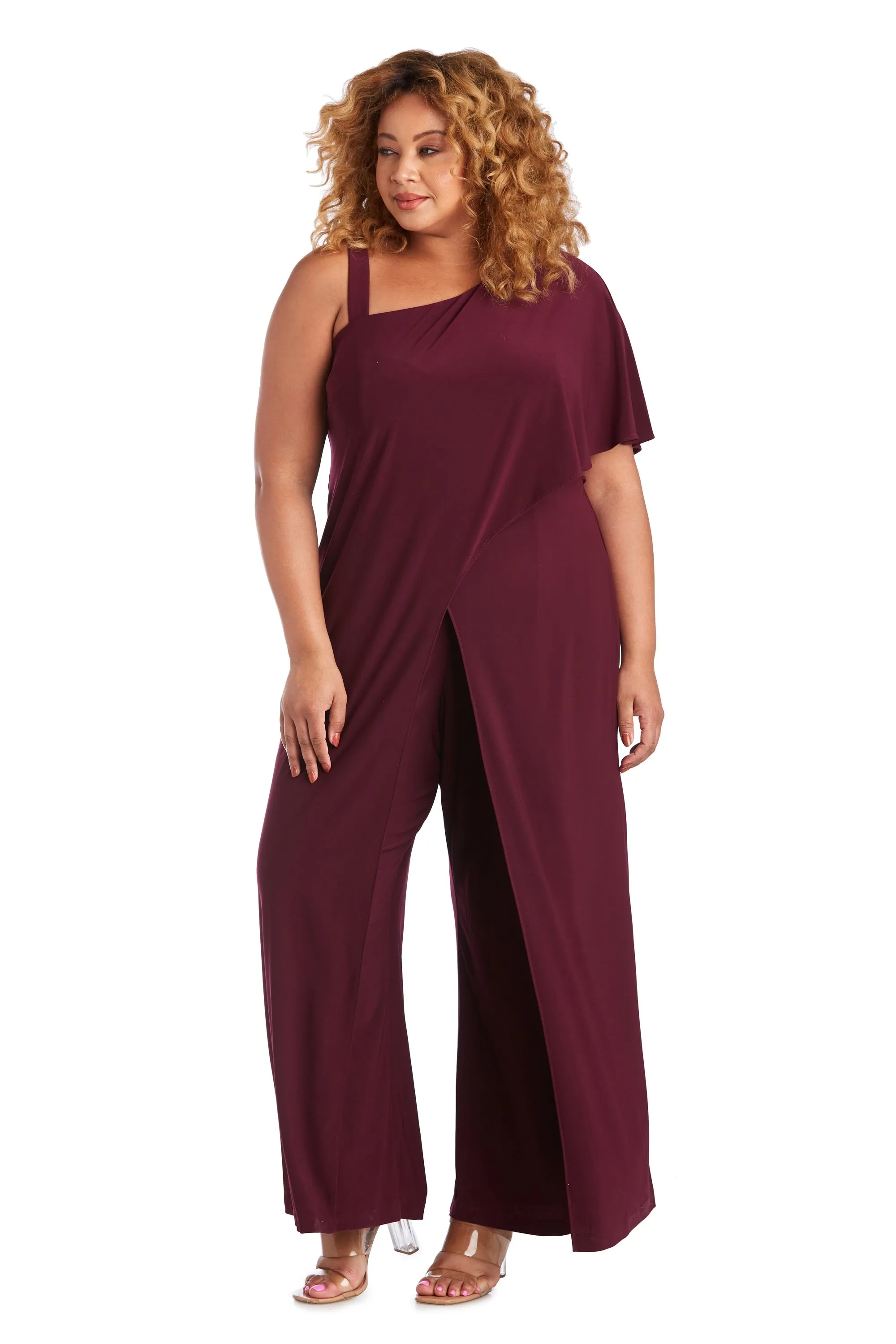 Plus Size Flared Jumpsuit with Single Shoulder, Overlay, and Draped Sleeves